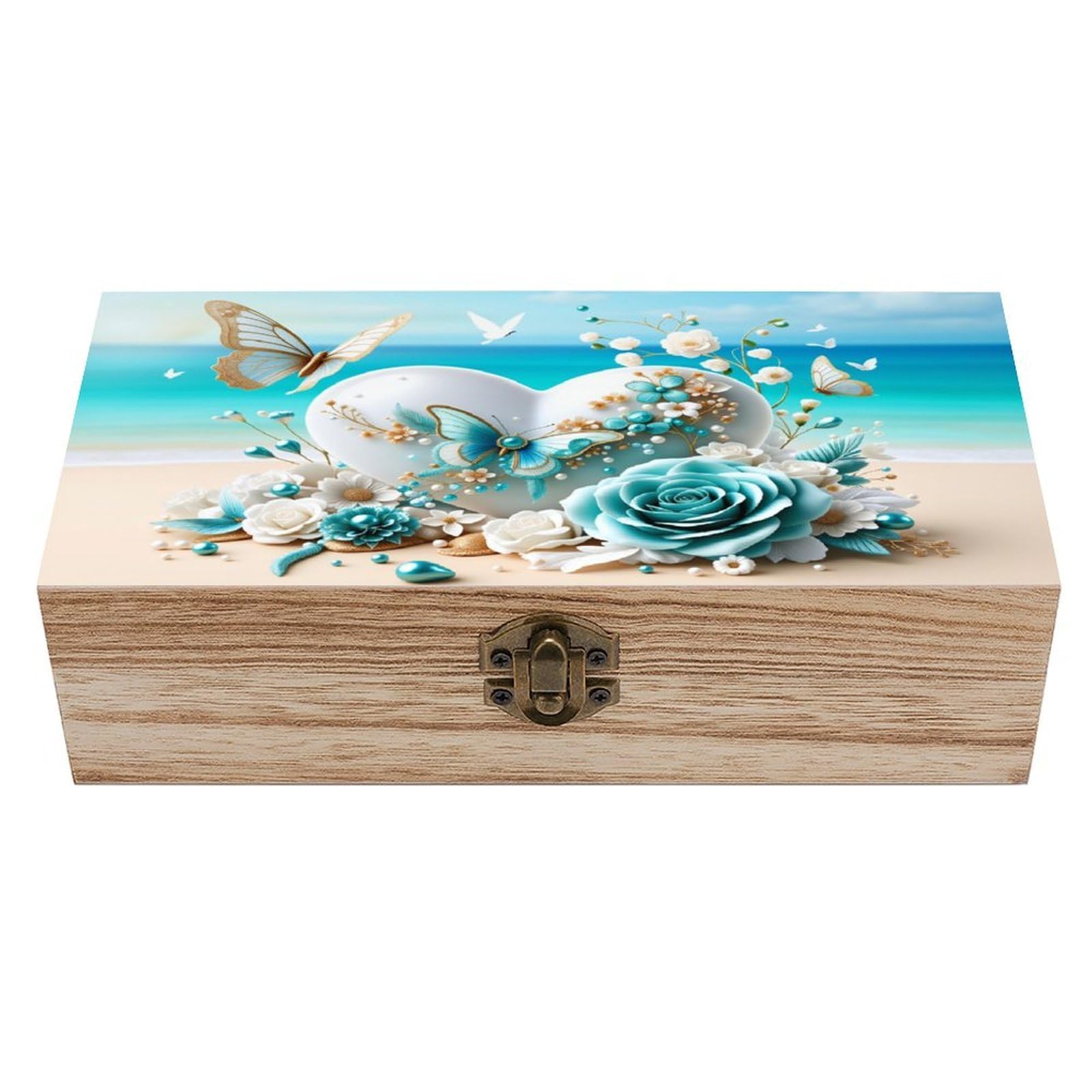 asbwuo Heart With Butterfly in Ocean Vintage Wooden Keepsake Box