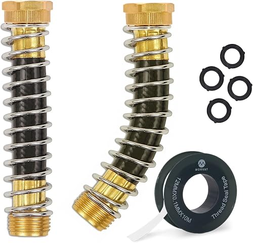 Garden Hose Protector, Brass Coiled Spring Kink & Strain Extension Connector for Outdoor Water Valve & Faucet, Adapter & Attachment with ¾ Standard Threading, Includes 4 Washers & Tape, 2-Pack