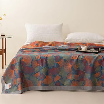 100% Cotton Muslin Blanket Printing Floral Ginkgo Leaves Quilt, Lightweight Soft Bed Cover 3 Layers Breathable Gauzy Reversible Bedspread Coverlet Bedding BlanketA,150 * 240cm/59 * 94"