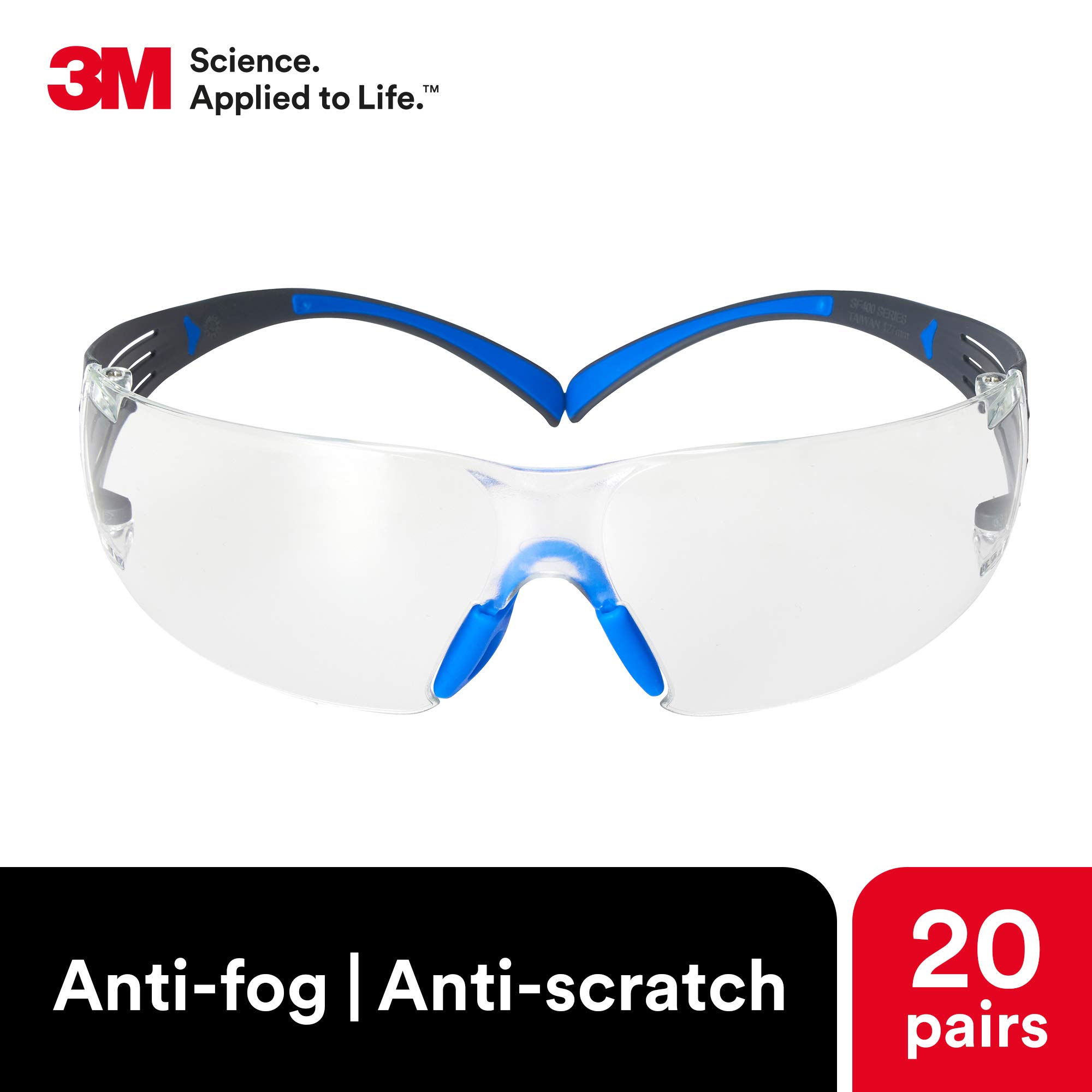 3M Okulary ochronne SecureFit ANSI Z87, Scotchgard przeciwmgielne odporne na zarysowania, przezroczyste soczewki, niebiesko-szara ramka, bezpieczne wygodne dopasowanie