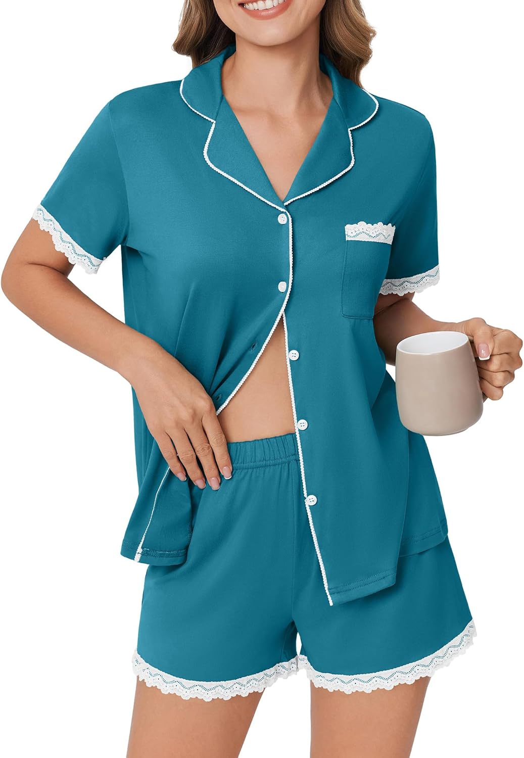 Ekouaer Womens Short Sleeve Pajamas Set Soft Sleepwear Button Down Lounge Set Lace Top and Shorts Pj Nightwear