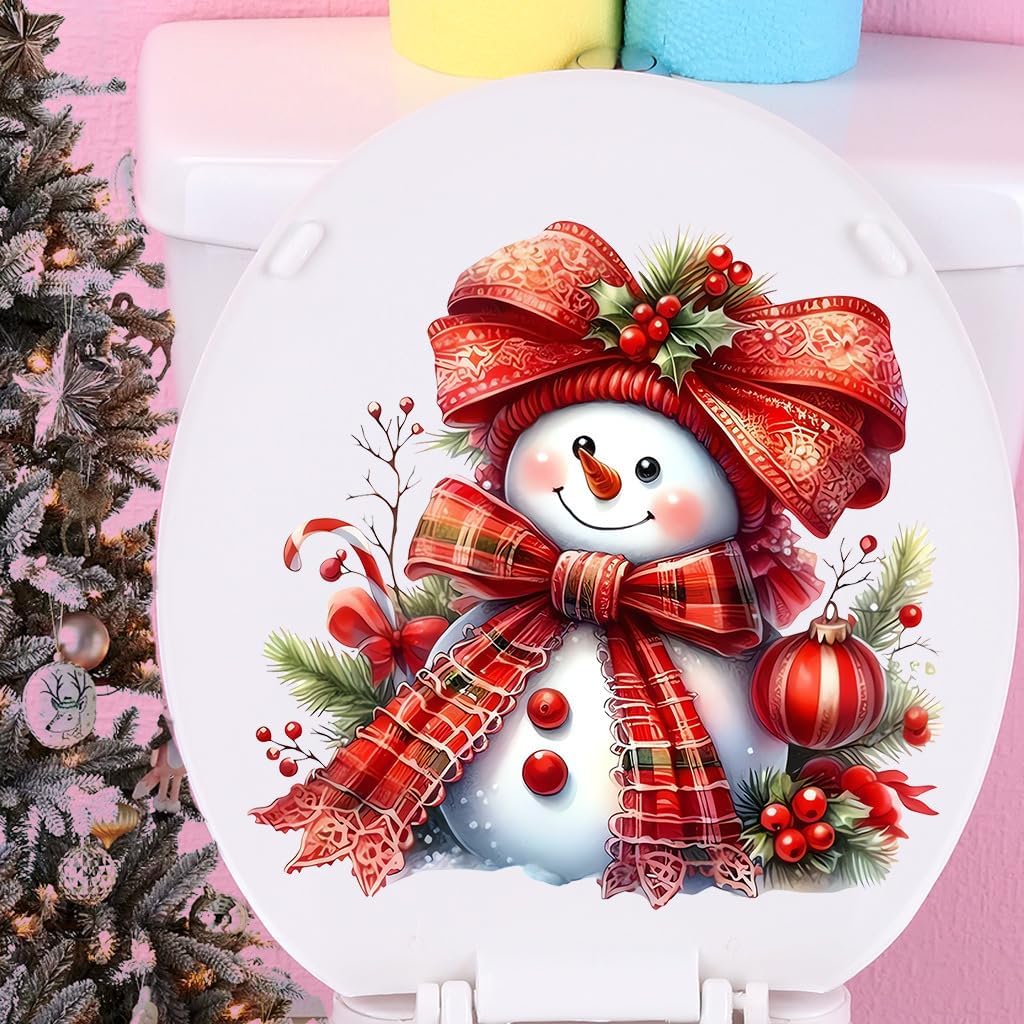 Christmas Toilet Stickers Snowman Self-Adhesive Santa Red Winter Toilet Lid Decals Waterproof Decorative Toilet Seat Cover Stickers for Xmas Party Home Bathroom Wall Decoration (2 Sheets)