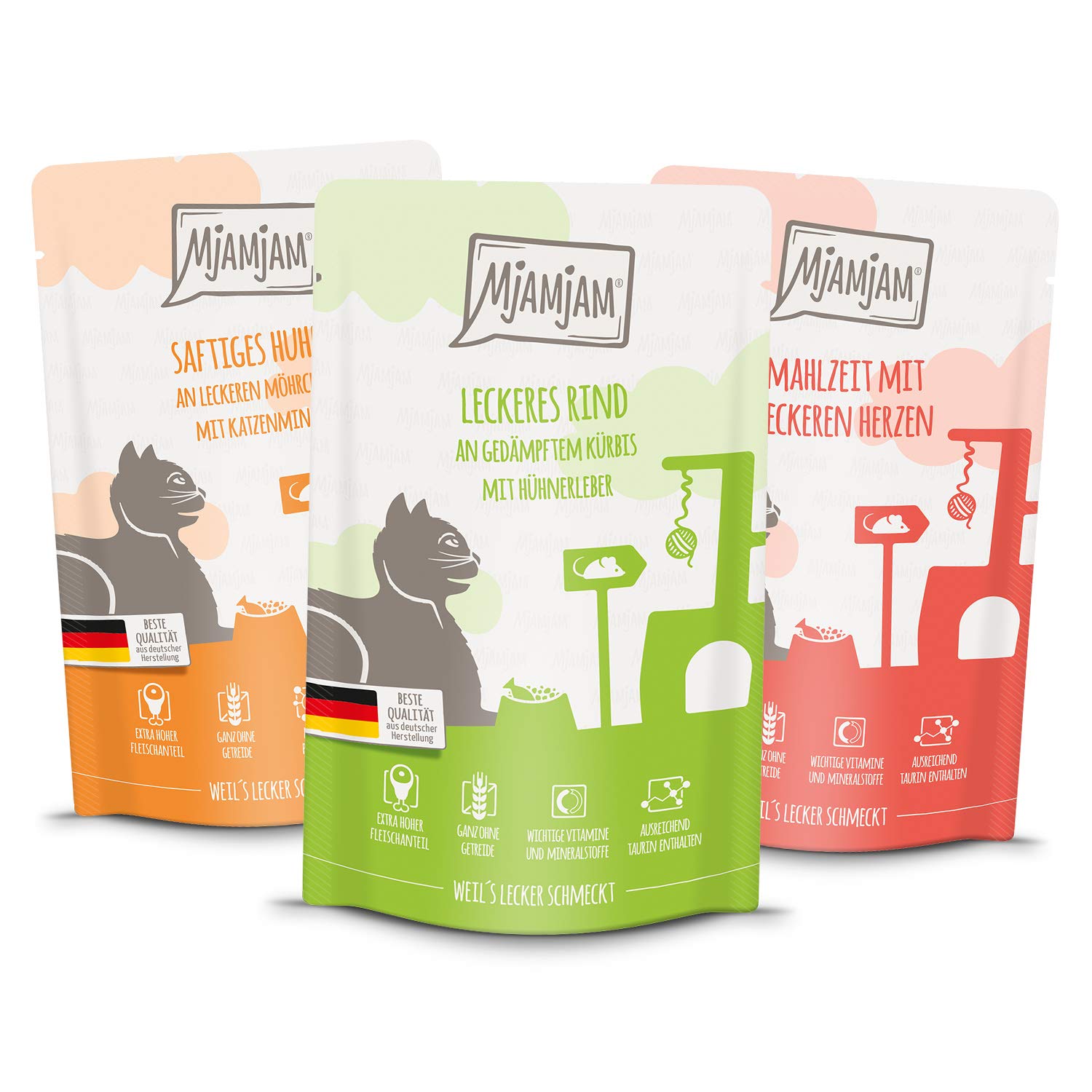 MjAMjAM - Premium Nassfutter für Katzen - Quetschie - purer Fleischgenuss - saftiges Hühnchen pur (12 x 125 g) & Premium Nassfutter für Katzen - Mixpaket 1 - Huhn, Rind, Herzen (12 x 125 g)