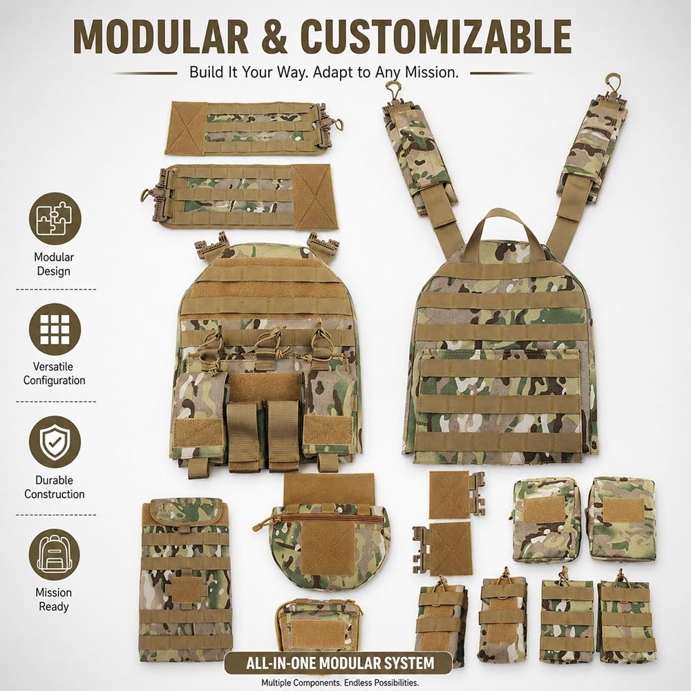 Gilet Molle Regolabile in Nylon 1000D,Gilet Utility Sgancio Rapido Tasche Multiple Leggero Traspirante per Airsoft Paintball Escursionismo Cosplay attività Outdoor Training