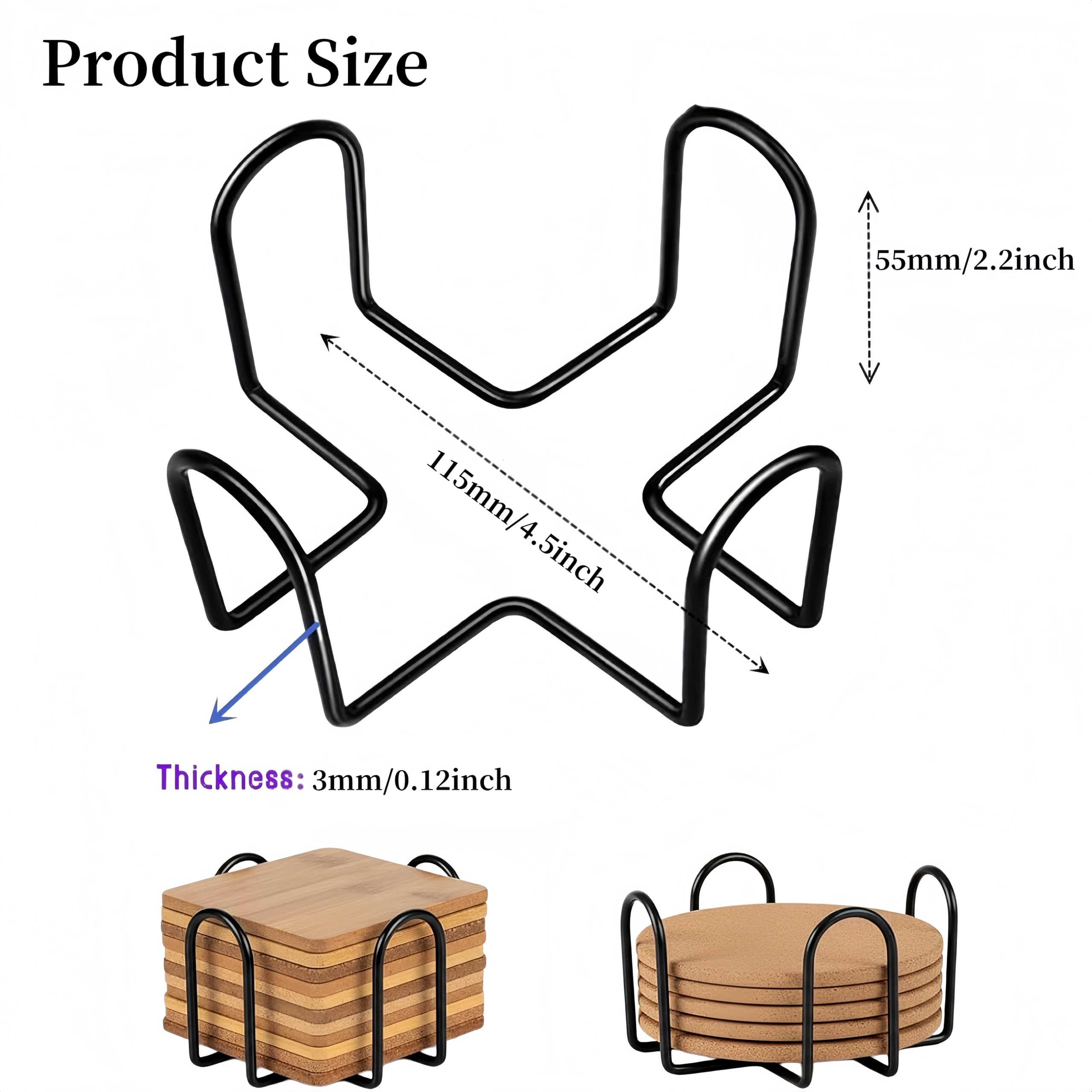 Sottobicchieri con supporto, supporto per sottobicchieri, in ferro, per sottobicchieri rotondi e quadrati da 10,2 cm (confezione da 4, nero)