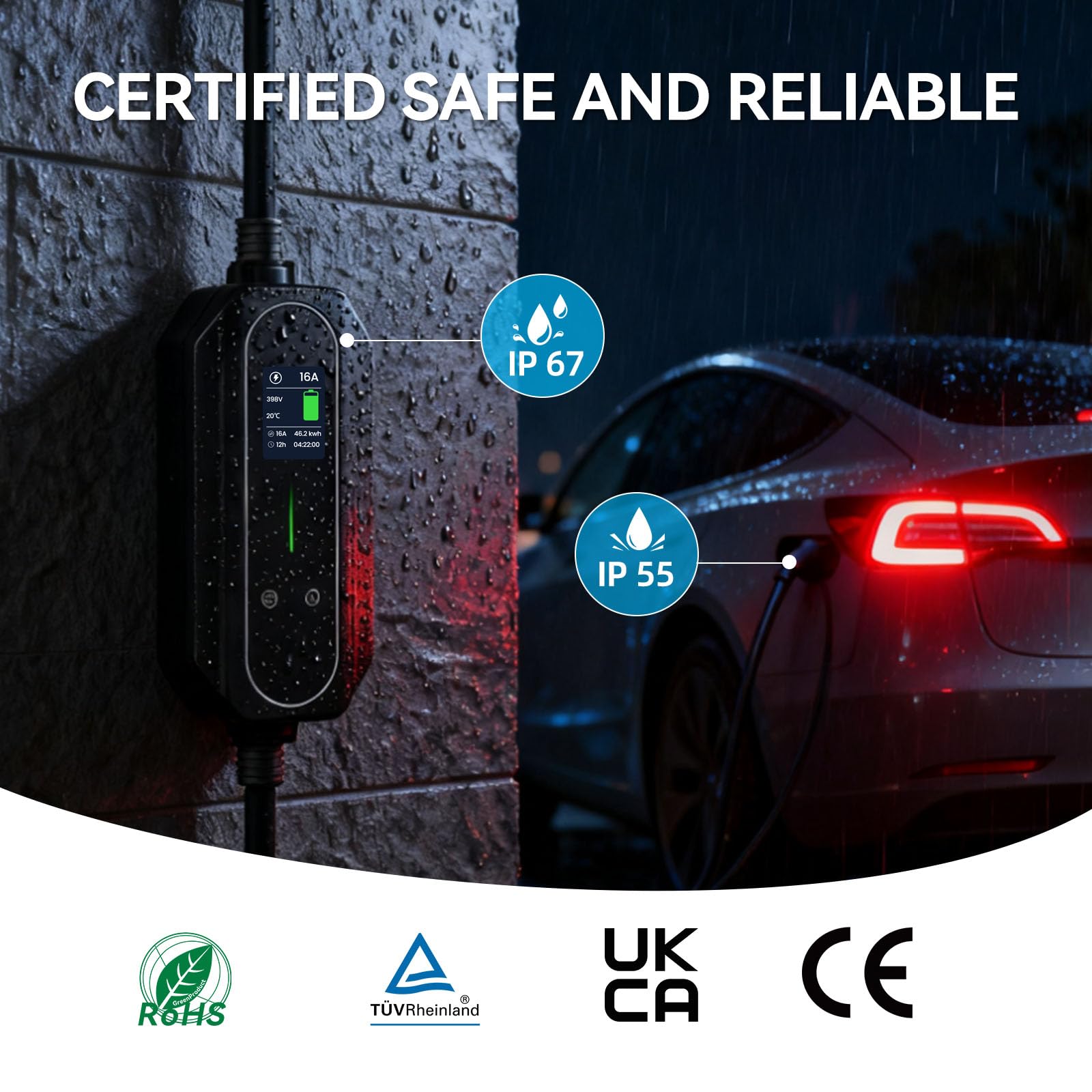 ELEGRP 11 kW Mobile Wallbox con cavo di ricarica tipo 2, caricatore trifase per veicoli elettrici, regolabile da 6 a 16 A, cavo da 6 m, impermeabile IP67, stazione di ricarica mobile IEC 62196-2.