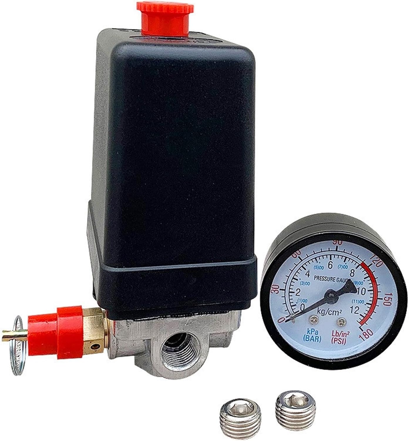 1/4'' BSP 4 Port 12 Bar Single-Phase Air Compressor Pressure 0-175 PSI Switch Control Valve Safety Valve Pressure Gauge, Black