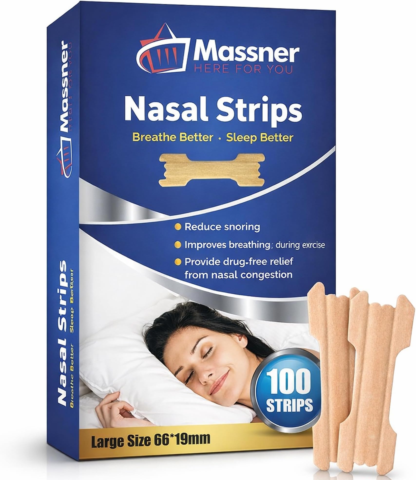 Nose Strips for Breathing, Large Breath Strips for Sleeping, Snoring Support, Stuffy Nose and Congestion Relief - Better Night Airflow, 100 Nasal Strip