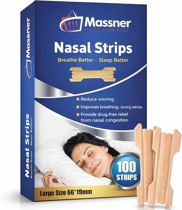 MASSNER Tiras nasales para respirar, tiras grandes para dormir, soporte para ronquidos, congestión nasal y alivio de la congestión, mejor flujo de aire nocturno, 100 tiras nasales