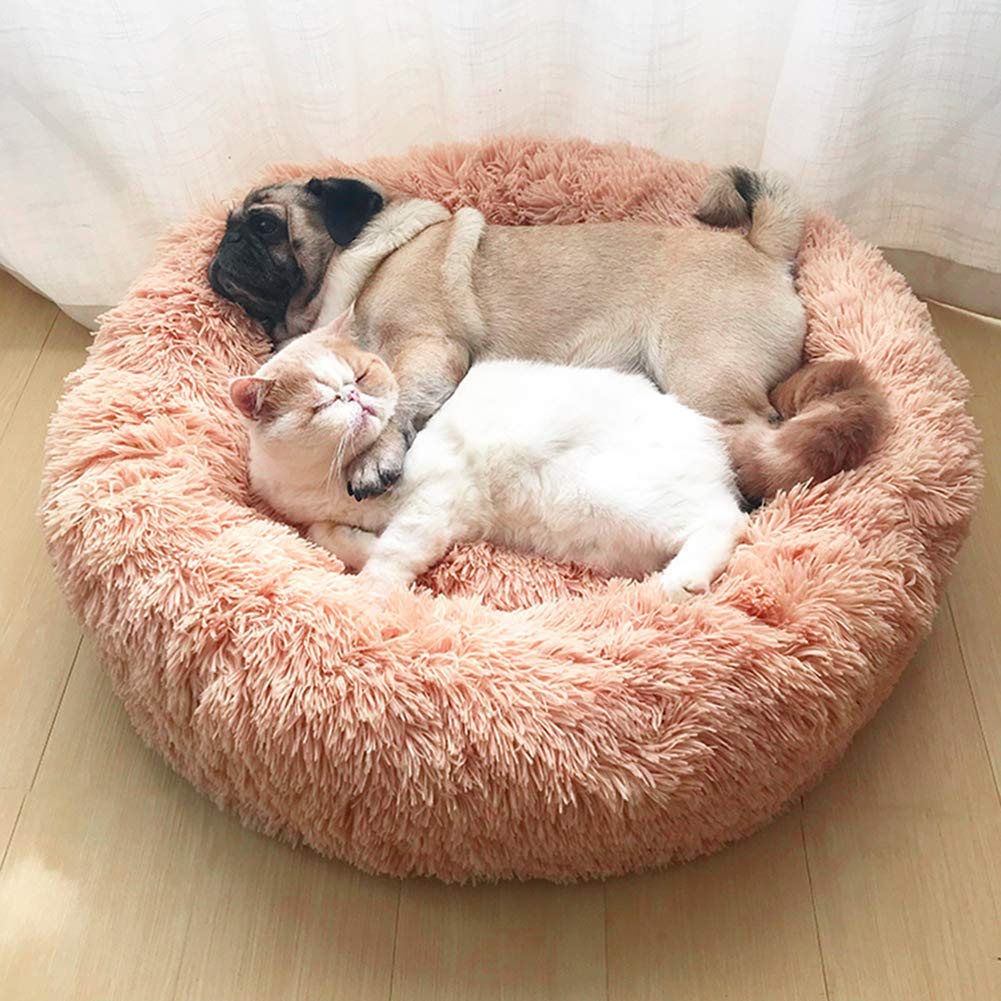Cojín de felpa suave para perros y gatos de lujo redondo para mascotas de 80 cm, color rosa