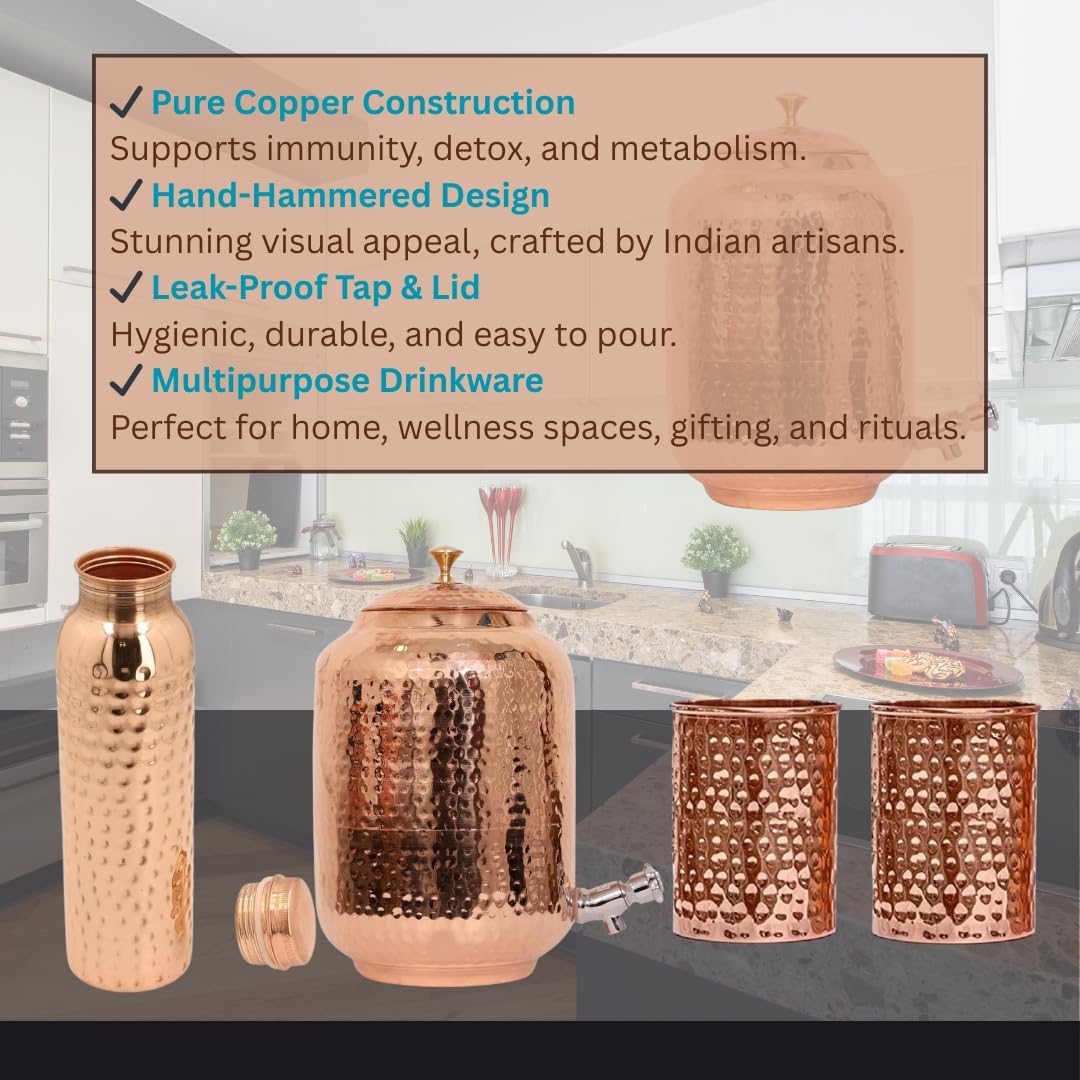 Hammered Pure Copper Water Dispenser Set – 5L Tank with 2 Glasses & 1 Copper Bottle | Handmade Ayurvedic Drinkware for Health,| Leak-Proof Tap & Lid | Elegant Kitchen Décor