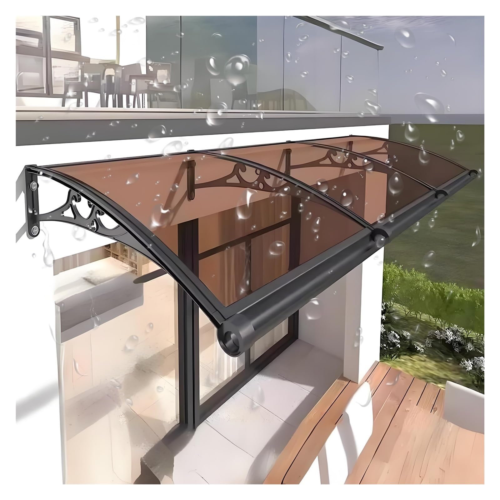 LWJSOCP Modern Front Door Canopy 24"-158" | Patio Aw with Steel Bracket | Polycarbonate for Entrance & Balcony | Brown (80x300cm / 32x118in)
