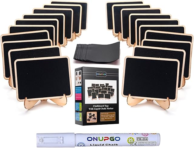 ONUPGO 20 Pack Mini Chalkboards Signs with 1 Liquid Chalk Marker, Small Wooden Chalkboard Labels with Support Easels, Place Cards Food Signs Blackboards for Table Numbers, Weddings, Party Decoration