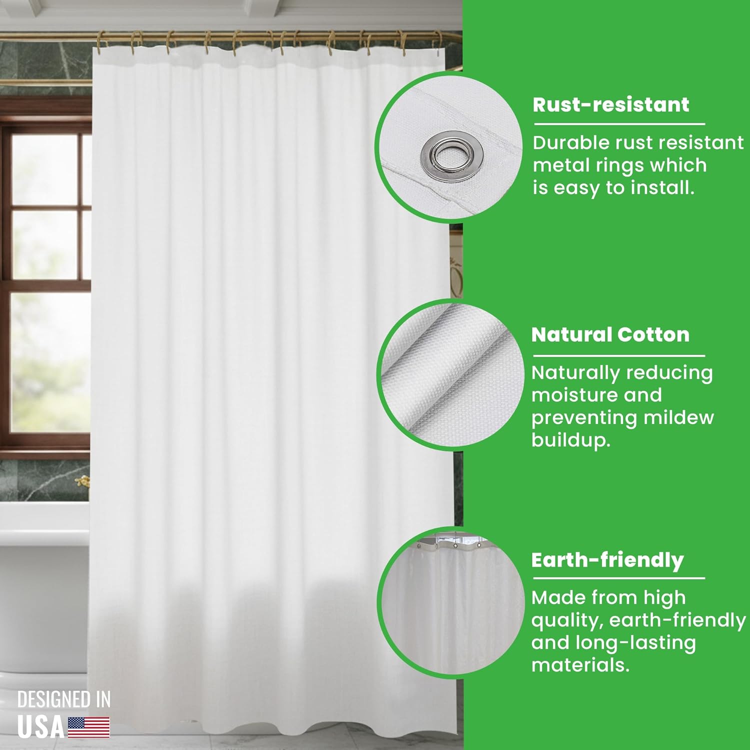 FABRIC SHOWER CURTAIN LINER - Standard Stall Size - A Stylish Quality Bathroom Drape - Earth Friendly, Non-Toxic + Odor-Free Cotton Liner - Light-Weight Washable White Shower Curtain - 36x74 WC