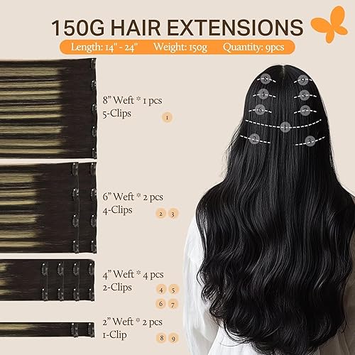 Miniatura 2 de Extensiones de cabello con clip, balayage, color negro natural a rubio claro, 22 pulgadas, 5.53 oz, 9 unidades, extensiones de cabello humano real,