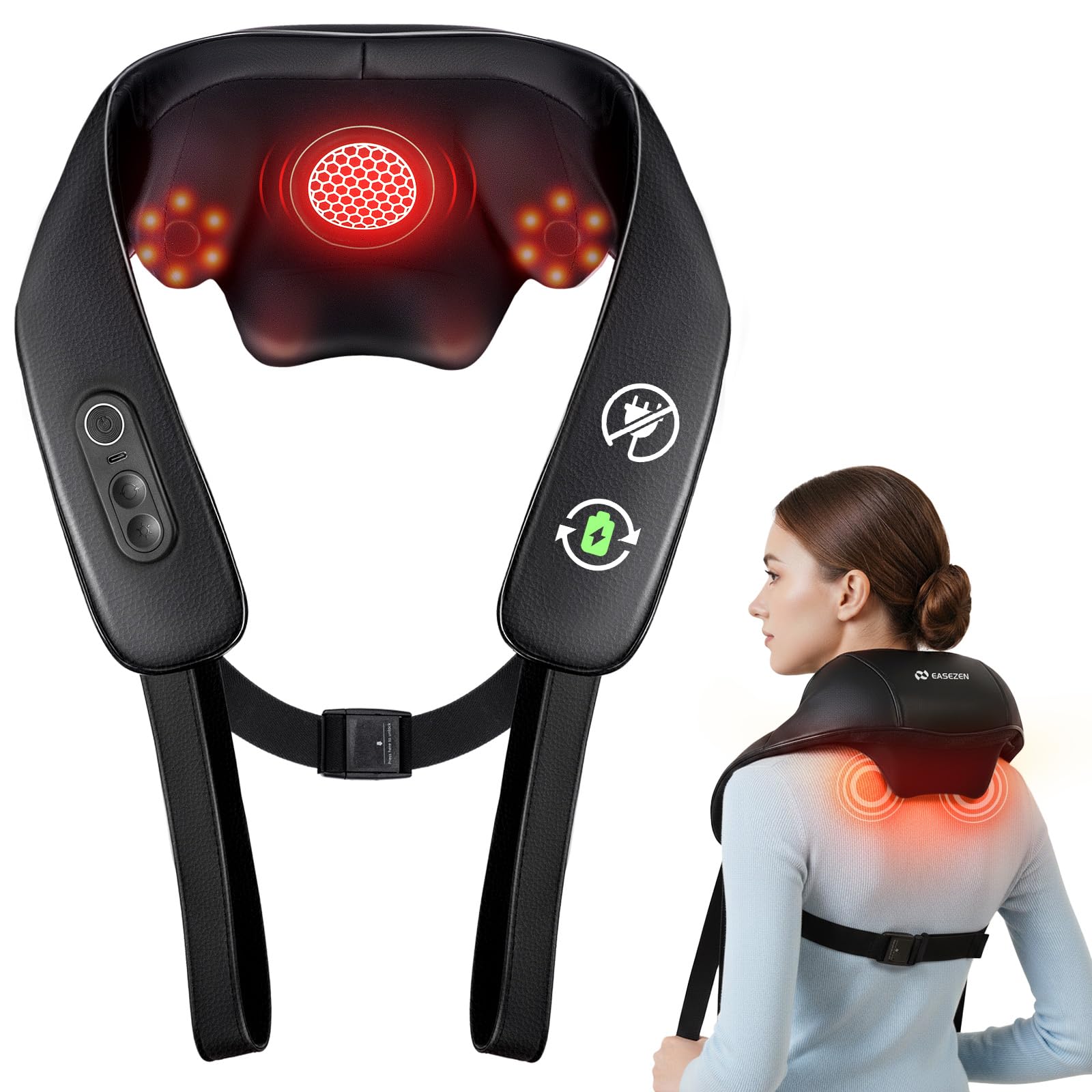 Masajeador inalámbrico de cuello y hombros con función de calor para aliviar el dolor, masaje de tejido profundo, tecnología de calentamiento de grafeno mejorada, masaje de amasado Shiatsu 4D para