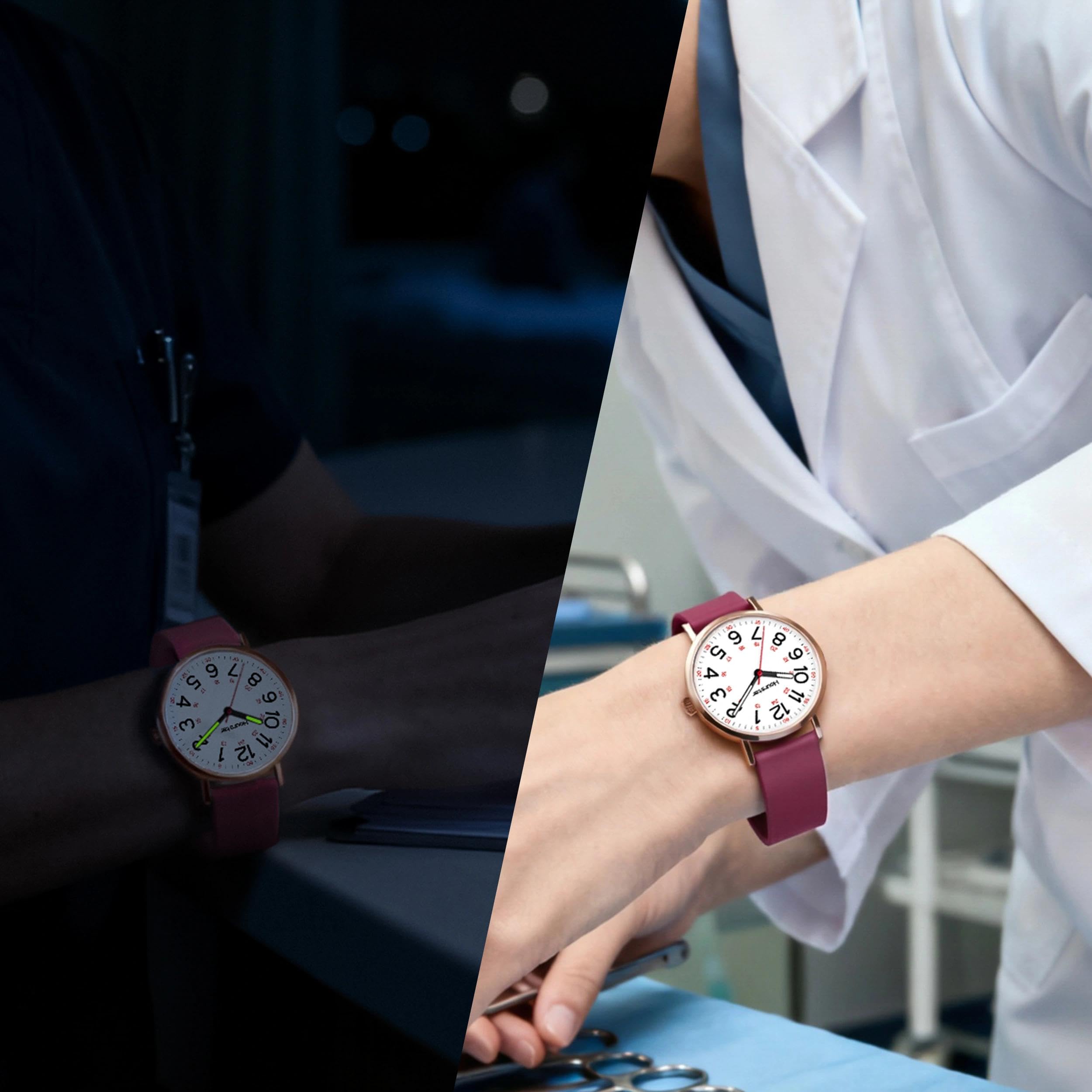 Reloj analógico de enfermera para mujer con segunda mano para enfermería, 12/24 veces, correa de silicona, fácil lectura (morado)