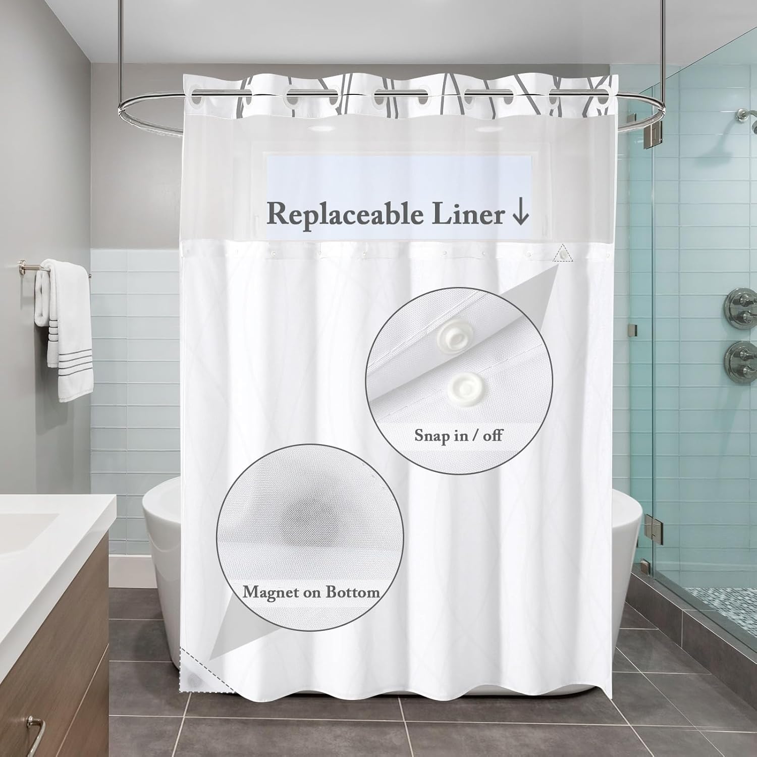 Gibelle No Hook Shower Curtain with Snap-in Fabric Liner Set for Bathroom, Hotel Style Modern Striped Shower Curtain with See Through Top Window, Waterproof & Washable, 71x74, White/Grey