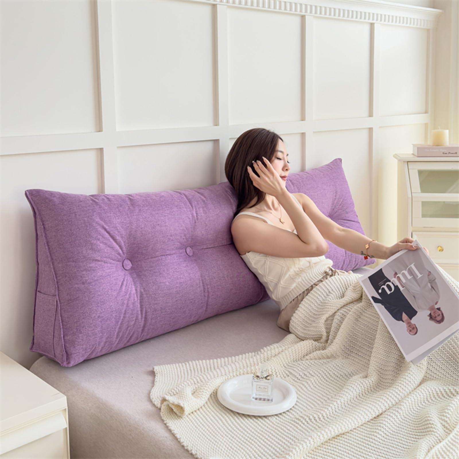 Cuscino Testata Letto Singolo/Matrimoniale 140/160 Cuscino Schienale Letto Cuscino Cuneo da Lettura Per Divano Imbottito Sfoderabile Triangolare Cuscini Grandi per Testiera Letto (80X20X50cm,Purple)