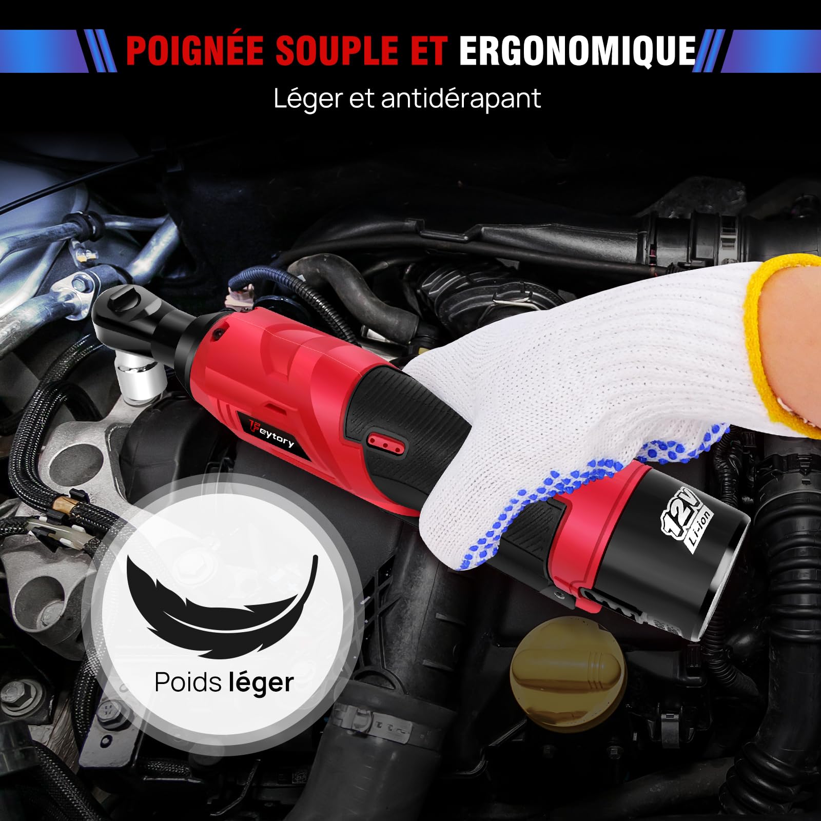 Clé à Cliquet Sans Fil 3/8'', Trousse à outils pour clé à angle droit 90°, 12V Électrique cliquet Clé avec lampe de travail à LED, 300RPM 40Nm Clé à cliquet, 2x1,5Ah batteries Charge rapide, 7 prises
