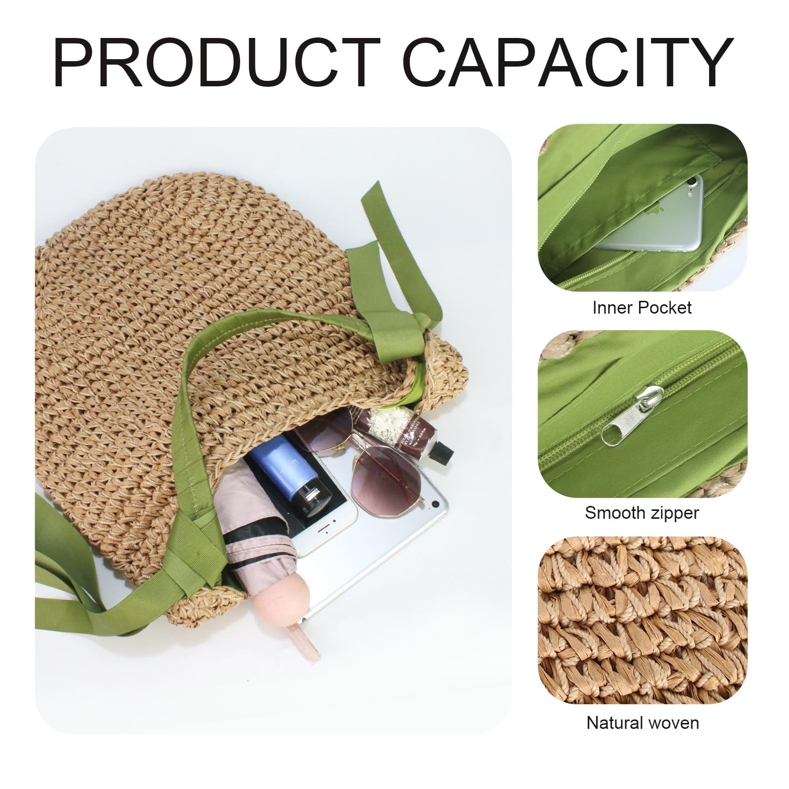 Sac de Plage en Paille pour Femme, Grand Cabas Tressé d'Été Sac à Main Épaule, Sac Hobo en Rotin avec Ruban de Soie