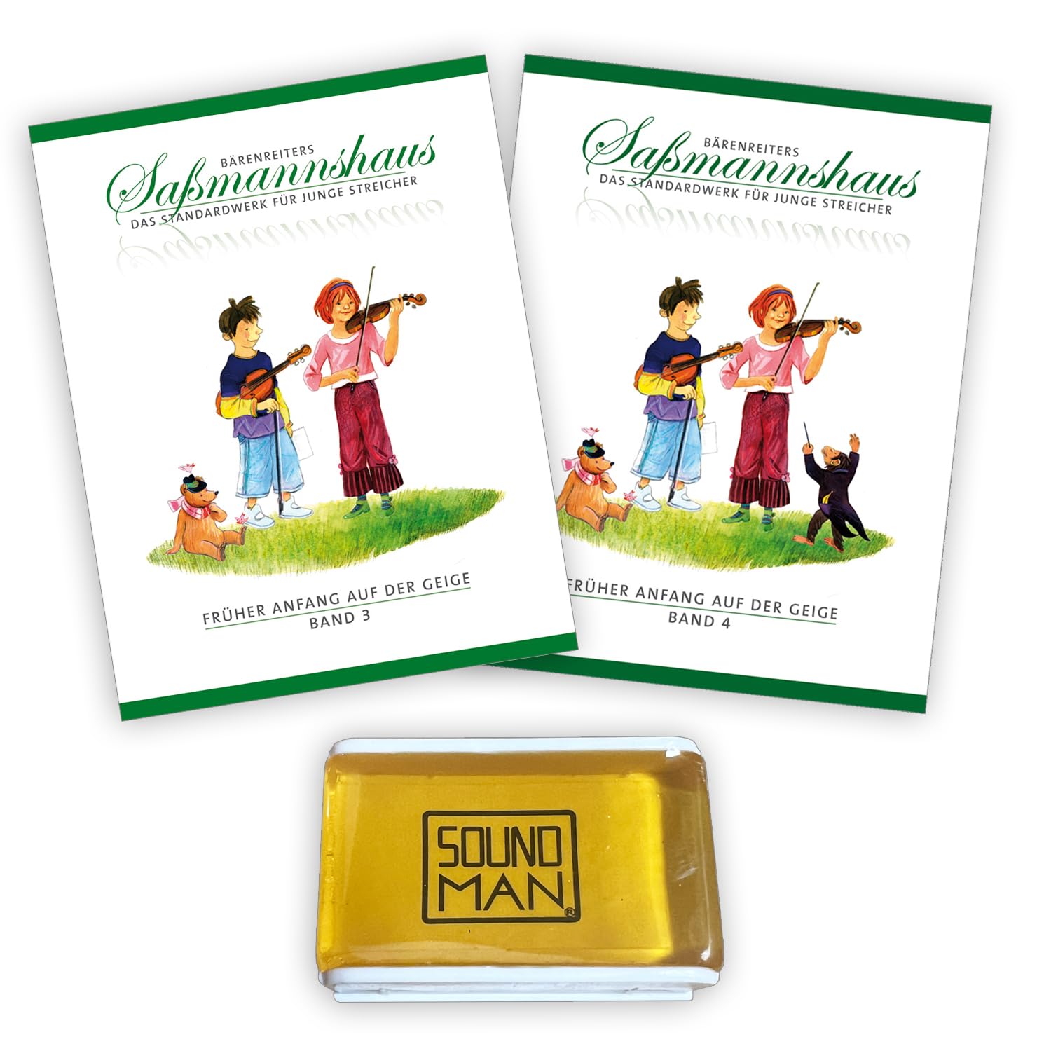 Früher Anfang auf der Geige Band 3 + 4 | Eine Violinschule für Kinder | Saßmannshaus | BA09673 + BA09674 | Bärenreiter Verlag | ISMN 9790006536474 + 9790006536481 | Soundman Kolophonium