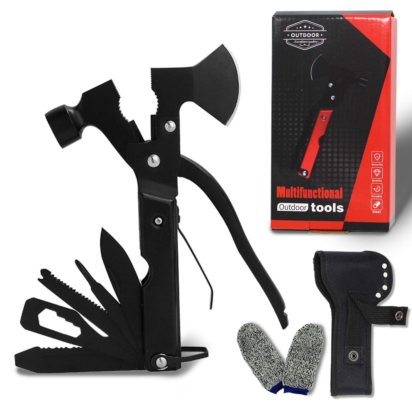 RTMXDR Multitool Camping Survival Hiking Gear & Equipment, 14 in 1 with Knife Axe Hatchet Hammer Screwdrivers Pliers Bottle Opener, Gift with Box Sheath Finger Stall for Men Women Boy Girl Young Guys