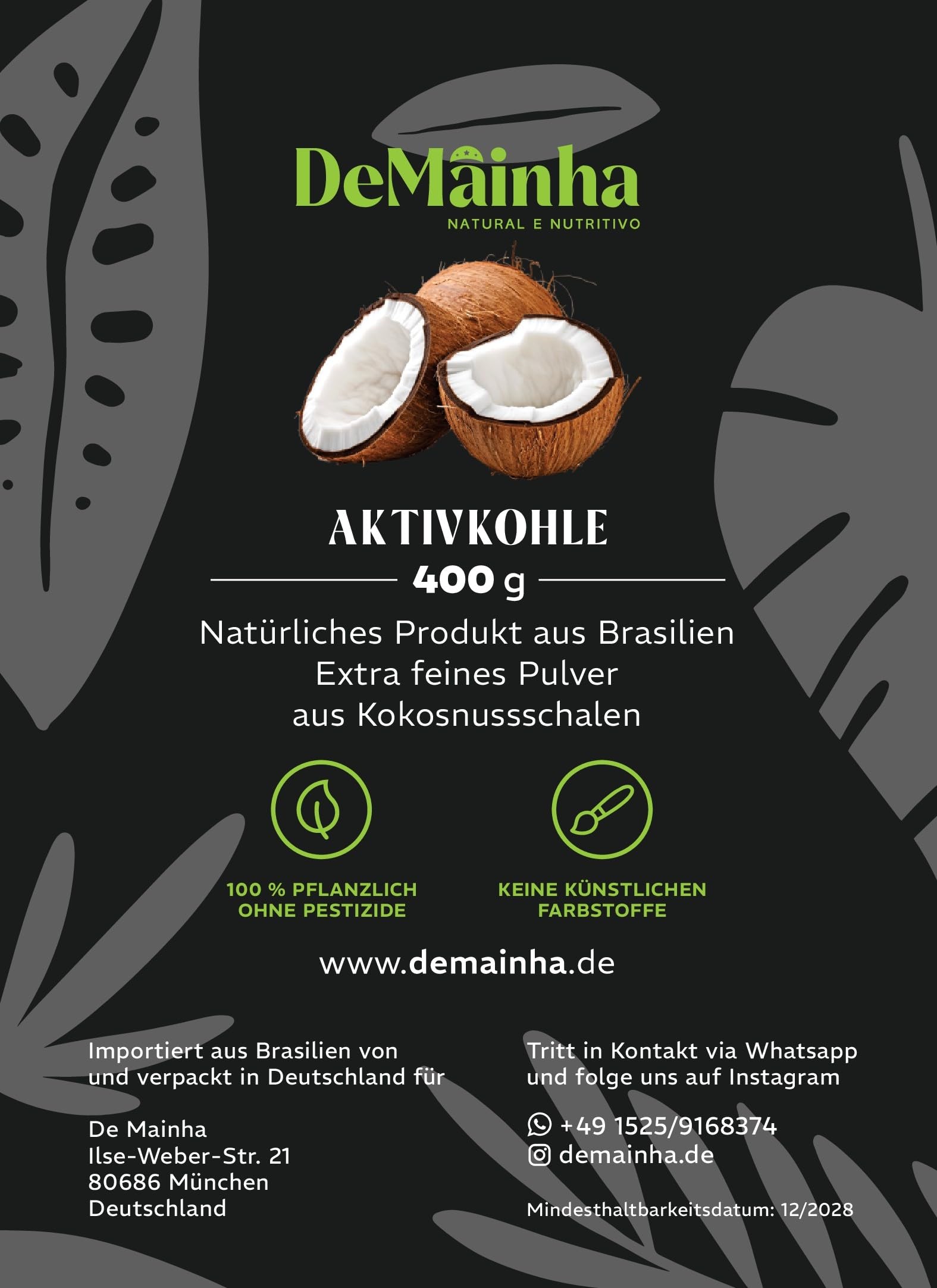 Polvo de carbón activado premium 400 g - 100% vegetal de cáscaras de coco brasileñas