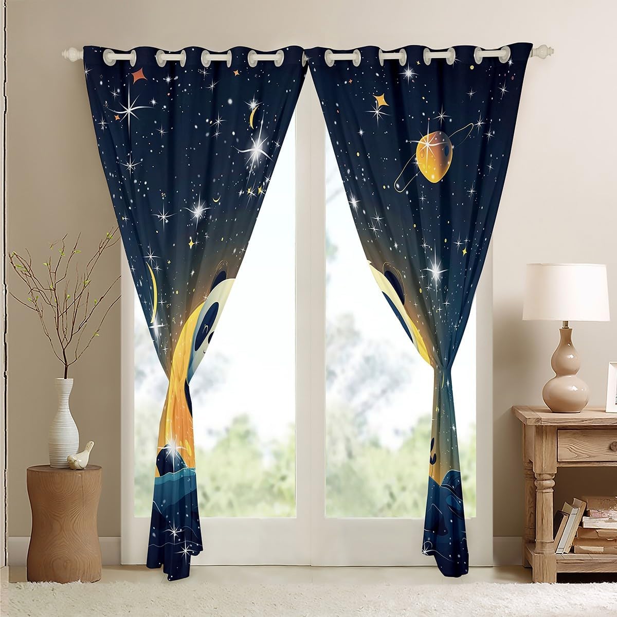 Erosebridal Panda Curtains & Drapes for Kids Boys Girls Cute Space Panda Blackout Curtains 38" Wx45 L Galaxy Sun Moon Window Curtains Starry Sky Animal Window Treatments 2 Panels Cartoon Room Decor