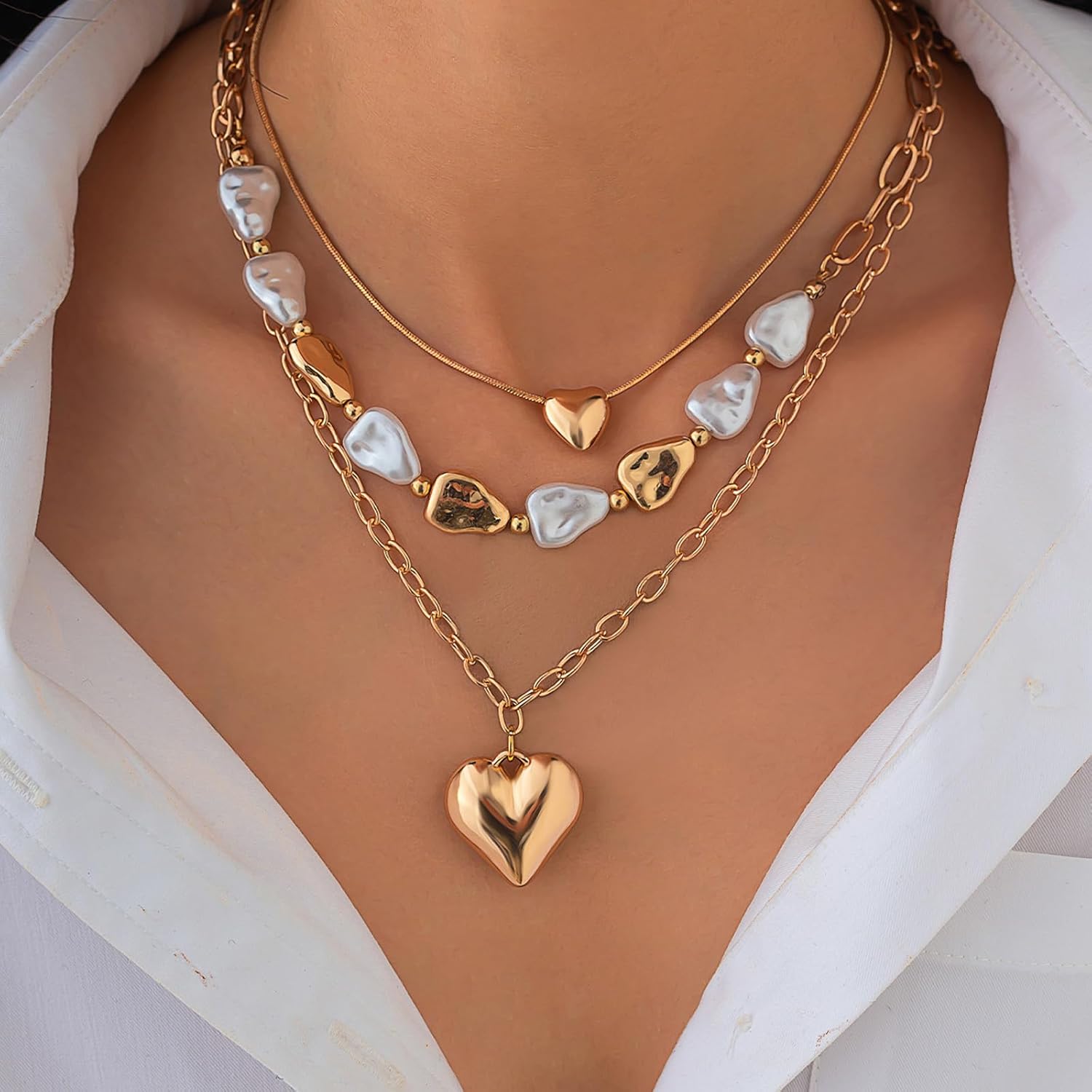 Chunky Heart Necklace Gold Statement Necklace Puffy Heart Pendant Jewelry Set Statement Jewelry for Women Trendy Fashion Accessories - Image 3
