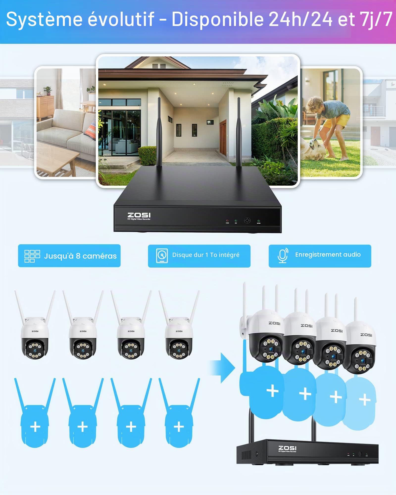 ZOSI Kit Caméra de Surveillance WiFi Extérieur 3MP, 4 Caméras IP Dôme PT 355°/140°, Audio Bidirectionnel, Détection de Personnes, Vision Nocturne Couleur, Alarme Lumière, sans Disque Dur