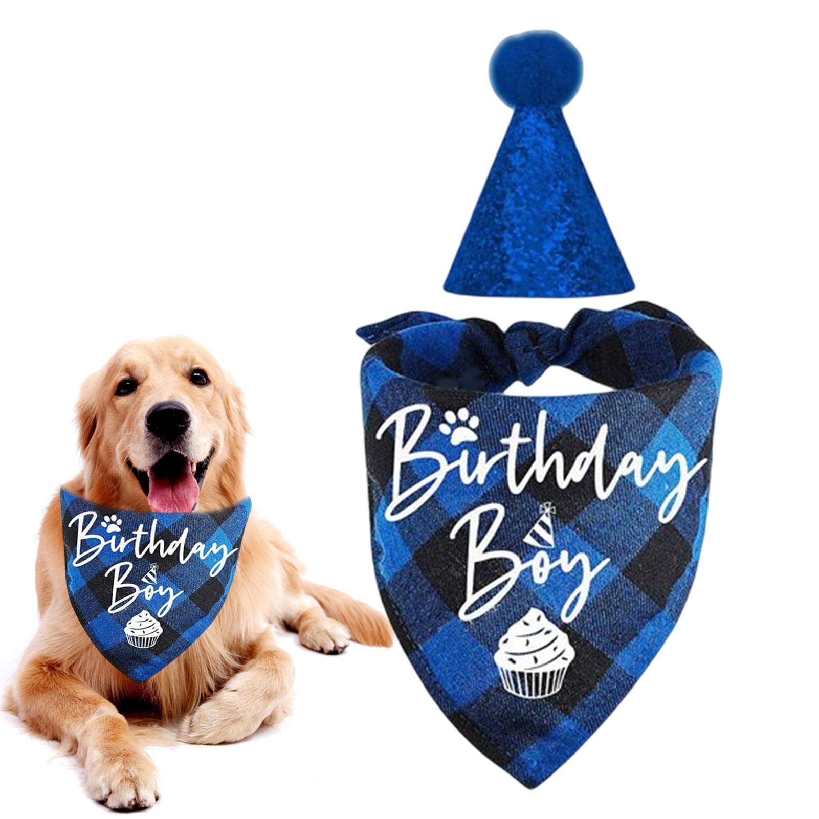 Set Bandana E Cappello Compleanno Per Cani - Decorazione Festa, Bavaglino Happy Birthday, Blu - Foto 5