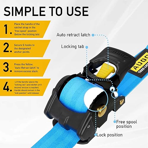 Vista 84 de AUGO Correas de trinquete retráctiles 2 correas de trinquete resistentes autoretráctiles con bucles suaves y bolsa de almacenamiento para Negro