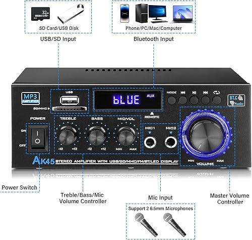 Miniatura 5 de AK45 Amplificador de audio estéreo, 300 W, sistema de amplificador de potencia inalámbrico Bluetooth 5.0 de 2 canales, amplificador de potencia para