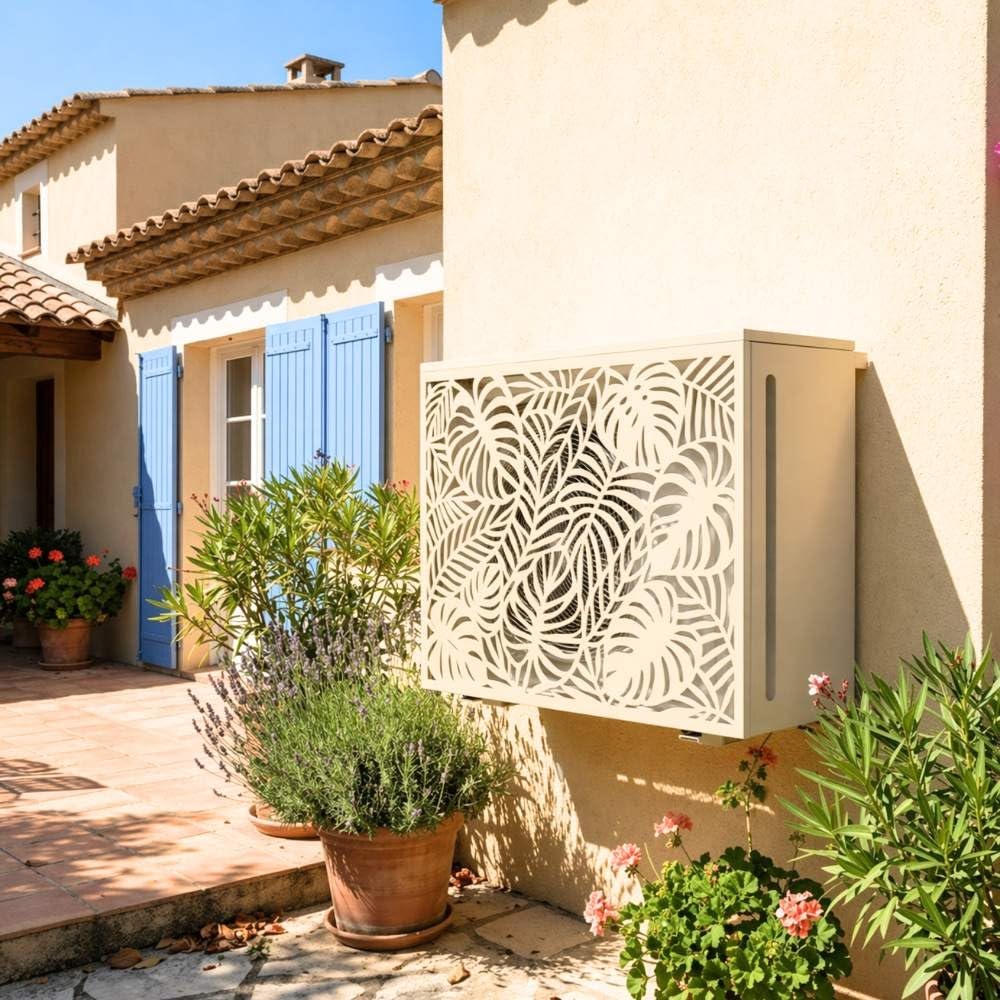 TERRE JARDIN Cache Climatiseur Exterieur 105x90x66,5 - Pompe a Chaleur Extérieur Métal - Kit Fixation Inclus - Cache Clim, Anti Intempéries, Protection, Réduction Bruit - Unité - Crème - 2