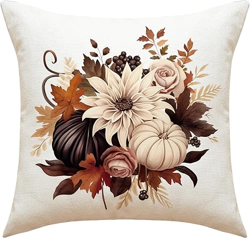Miniatura 7 de Juego de 4 fundas de almohada de otoño de 18 x 18 pulgadas, con temática otoñal, de granja, Acción de Gracias, de lino, calabaza, hoja de arce,