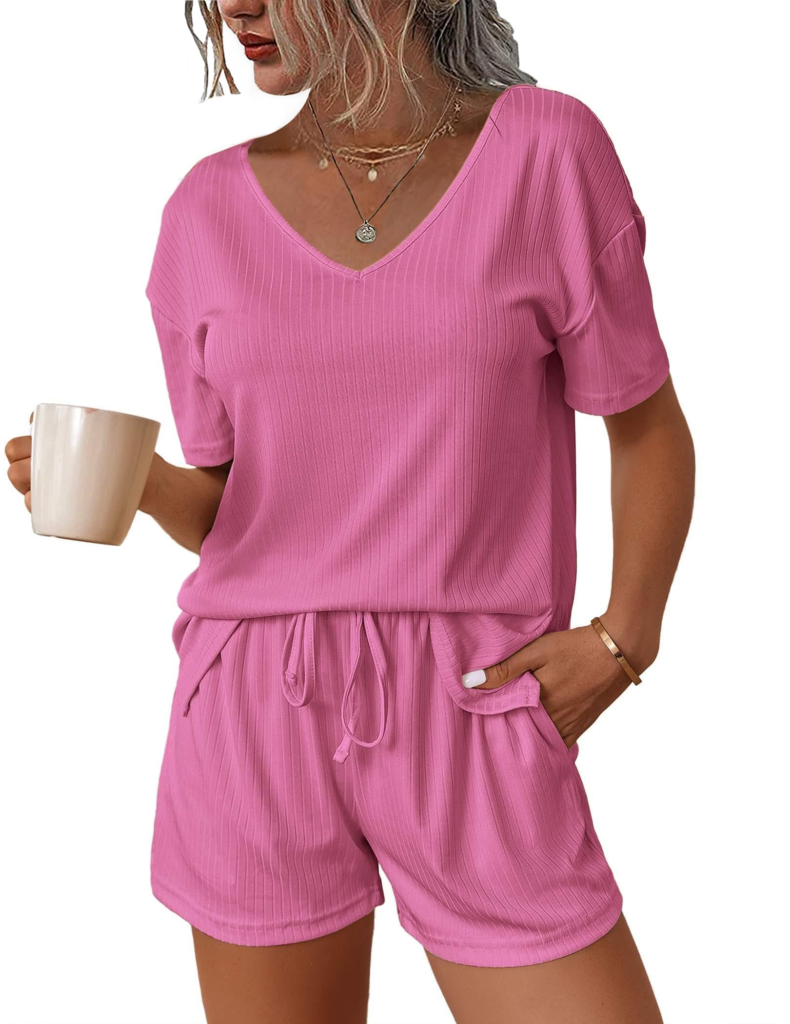 Ekouaer Schlafanzug Damen Rippen Kurzarm Pyjama Damen Sommer Hausanzug Kurz Lounge Set S-XXL