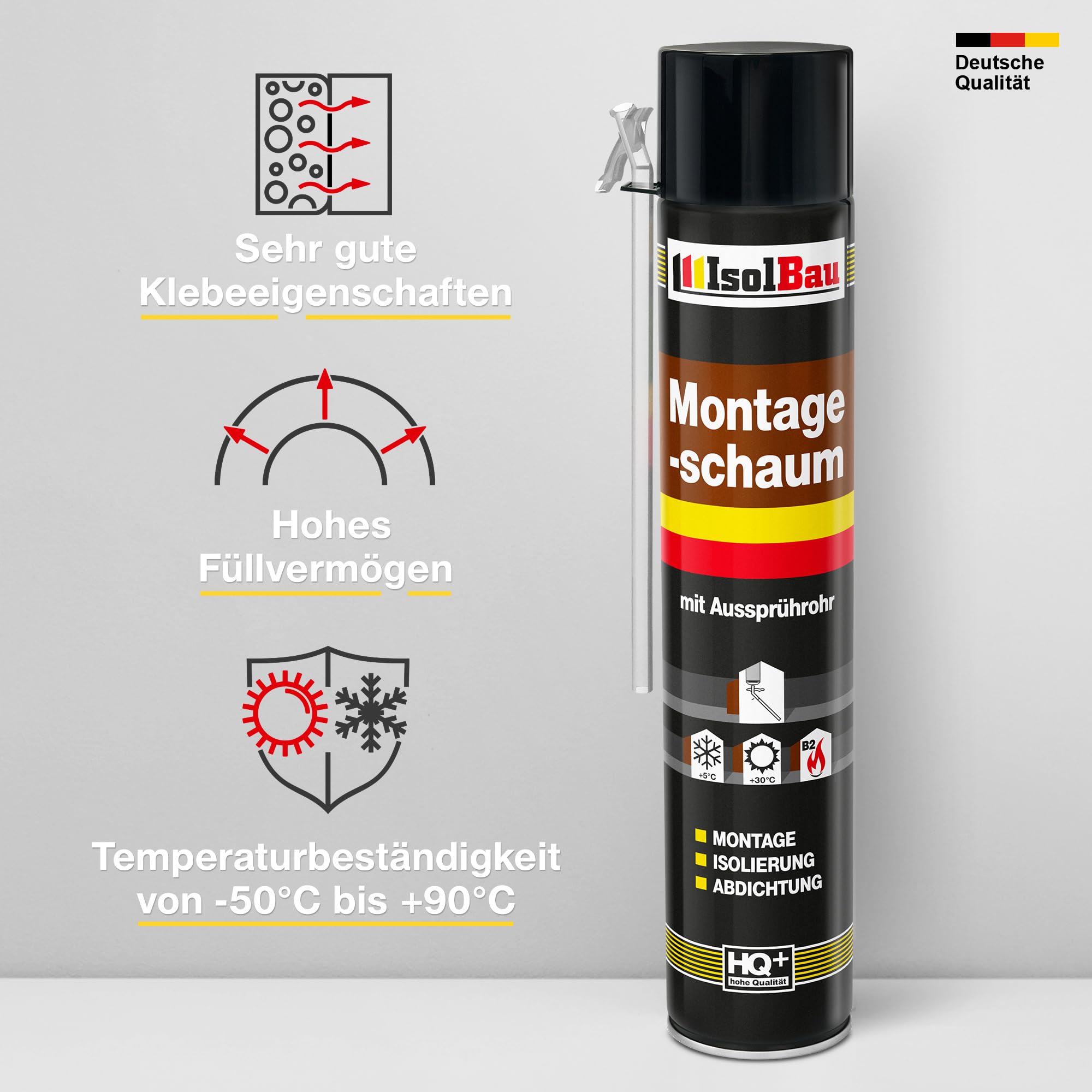 Isolbau Bauschaum B2 Montageschaum mit Aussprührohr - PU-Pistolenschaum Adapterschaum für Montage, Isolierung, Abdichtung, Innen & Außen - 10 x 750 ml