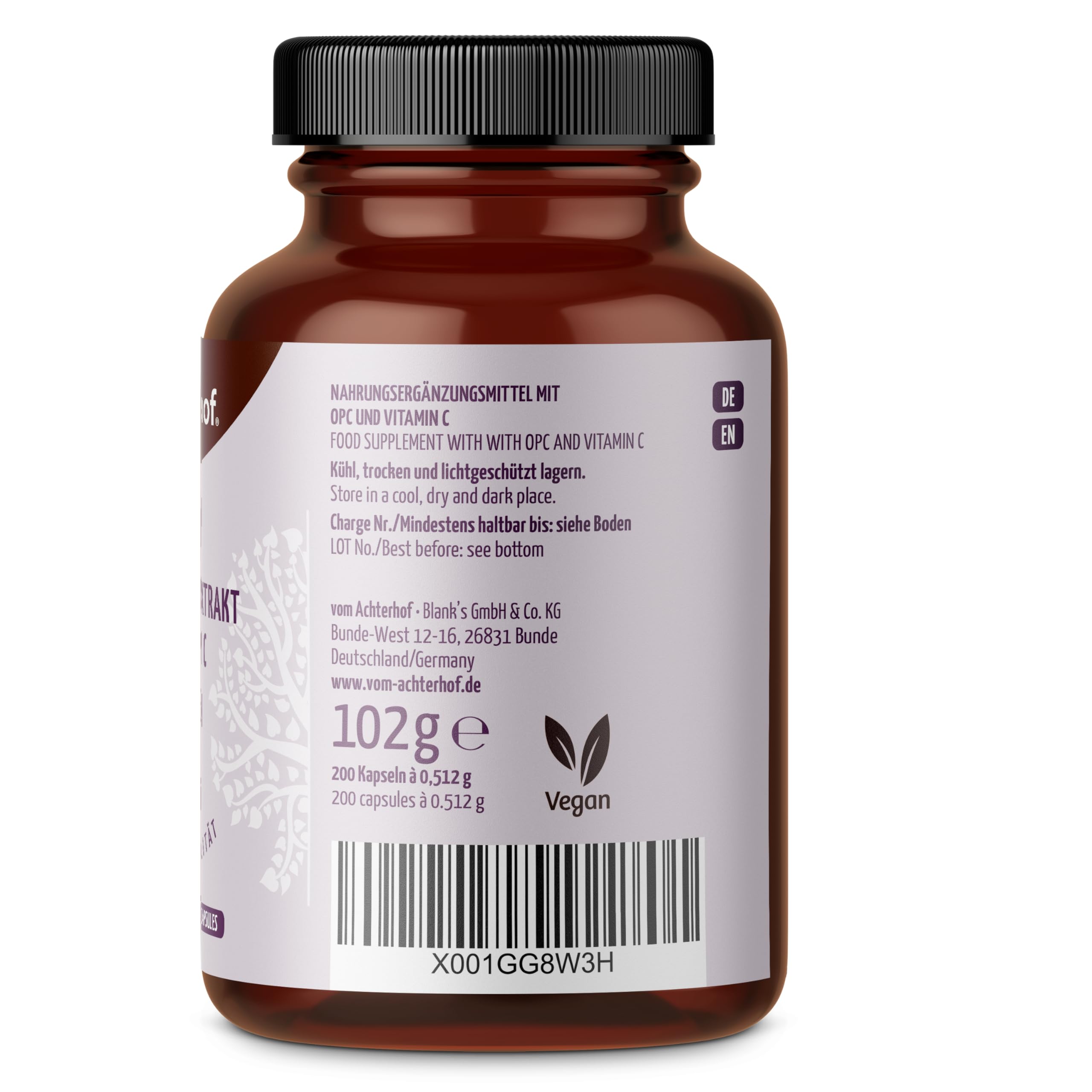 OPC Traubenkernextrakt 200 Kapseln | 584mg Traubenkernextrakt pro Kapsel davon 350mg OPC | Hochdosiert und kaltgepresst | frei von künstlichen Zusätzen | vom Achterhof