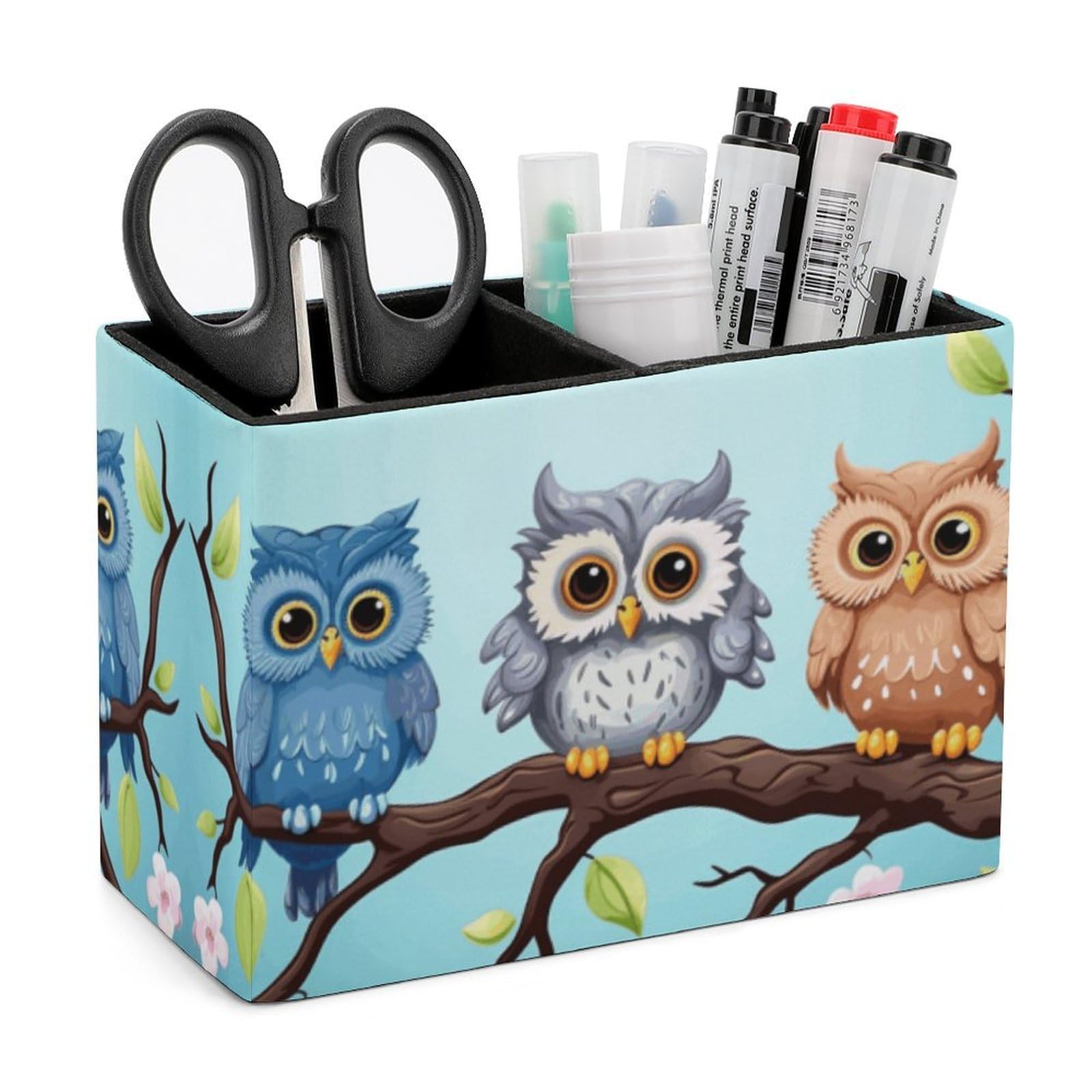 LZQPOEAS Exquisite Patterns PU Leather Pen Holder, Multifunctional Desktop Organizer Caddy with 2 Compartments, Owls on A Branch Pencil Cup Makeup Brush Holder for Office Home