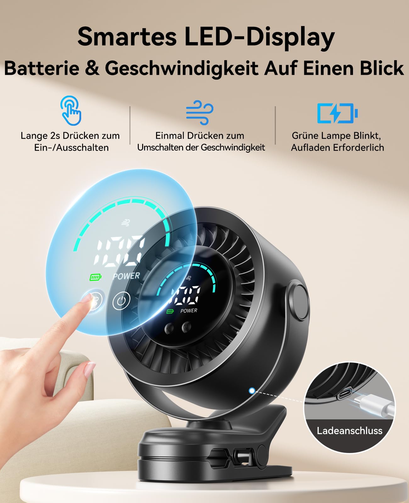 KIMMOO Clip-Ventilator Wiederaufladbar, 100 Stufen USB-Tischventilator mit LED-Display, 360° Rotation & Starker Luftstrom, bis zu 17 Std. Akku-Laufzeit, Kleiner Ventilator für Camping (Schwarz)
