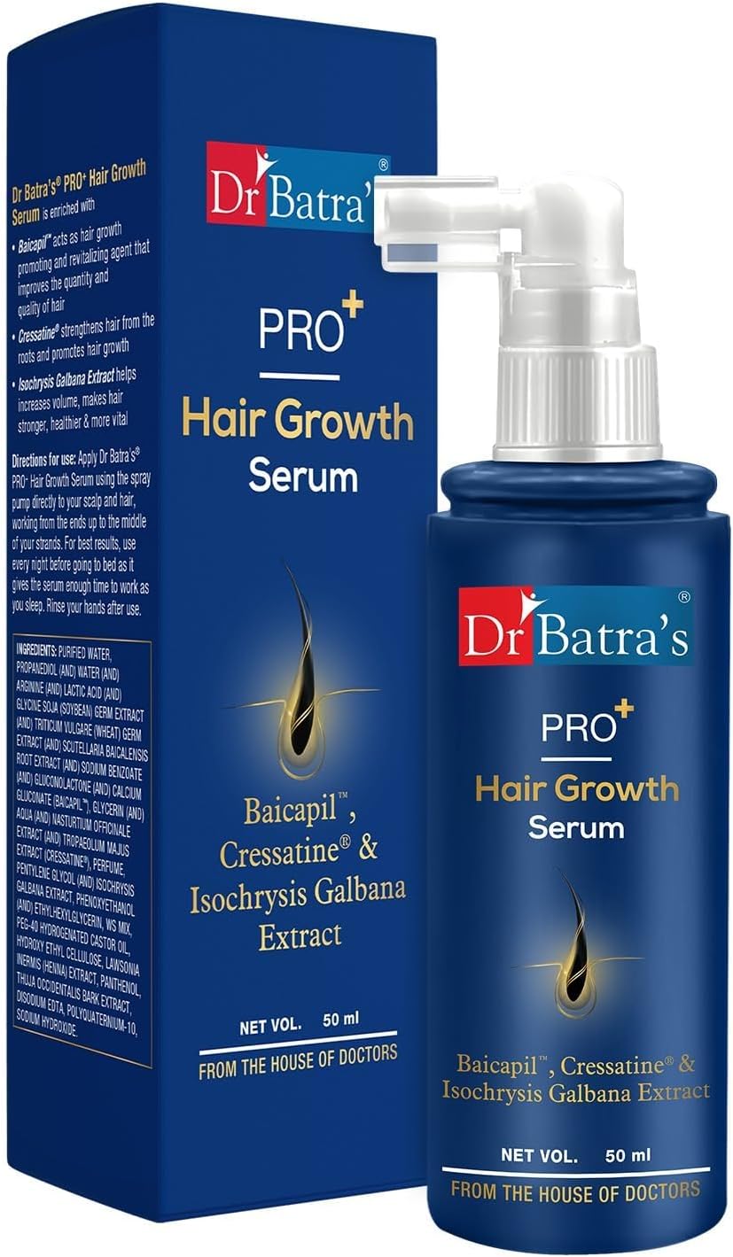Dr Batraโs Pro+ Hair Growth Serum 50ml โ Clinically Proven Hair Fall Control & Regrowth Formula with Baicapil, Cressatine & Isochrysis Galbana Thicker, Stronger, Fuller Hair Non-Greasy