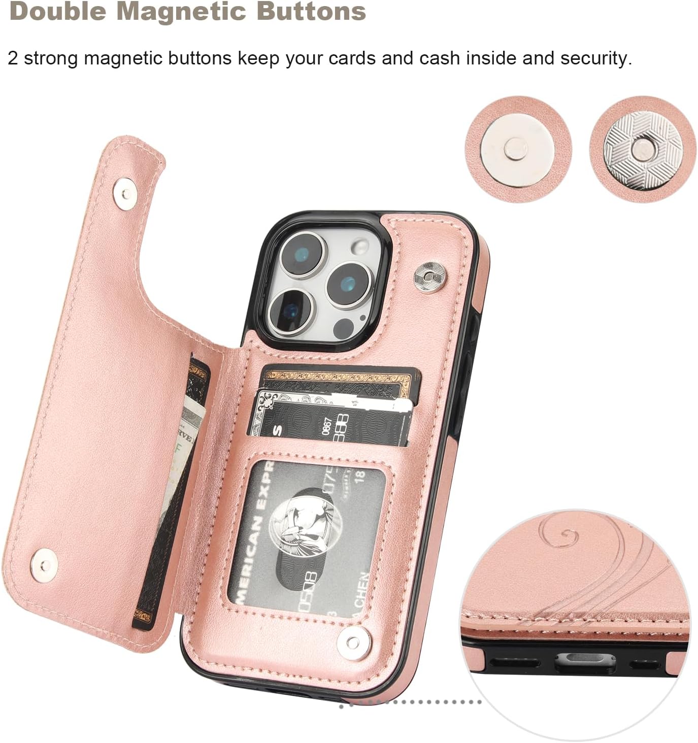 Vaburs Compatible with iPhone 16 Pro Case Wallet with Card Holder,Embossed Butterfly Pattern PU Leather Double Buttons Flip Protective Shockproof Cover for Magnetic Car Mount 6.3 Inch (Rose Gold) - Image 7