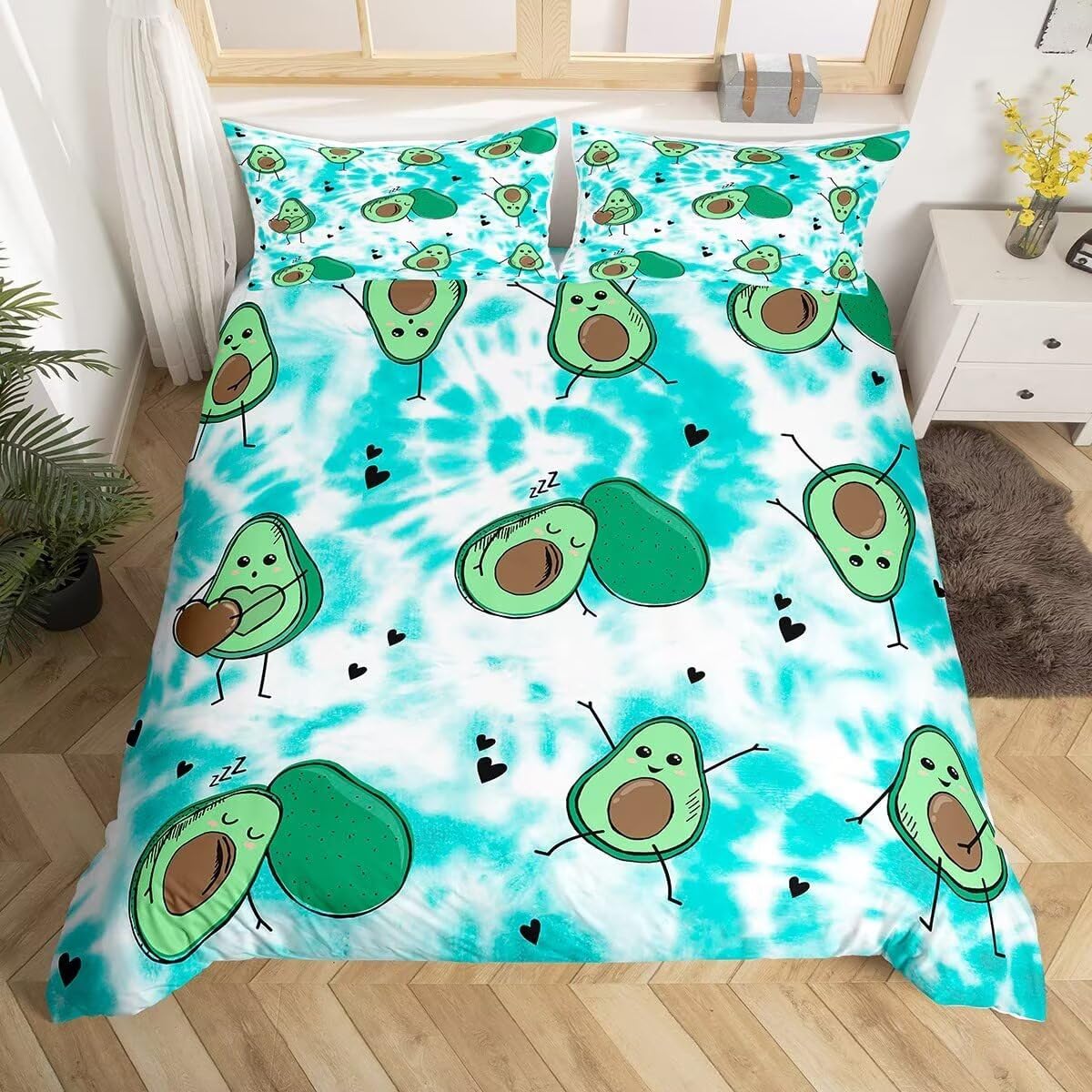 Parure de lit 140x200 microfibre verte housse de couette 1 personne motif avocat ado enfant