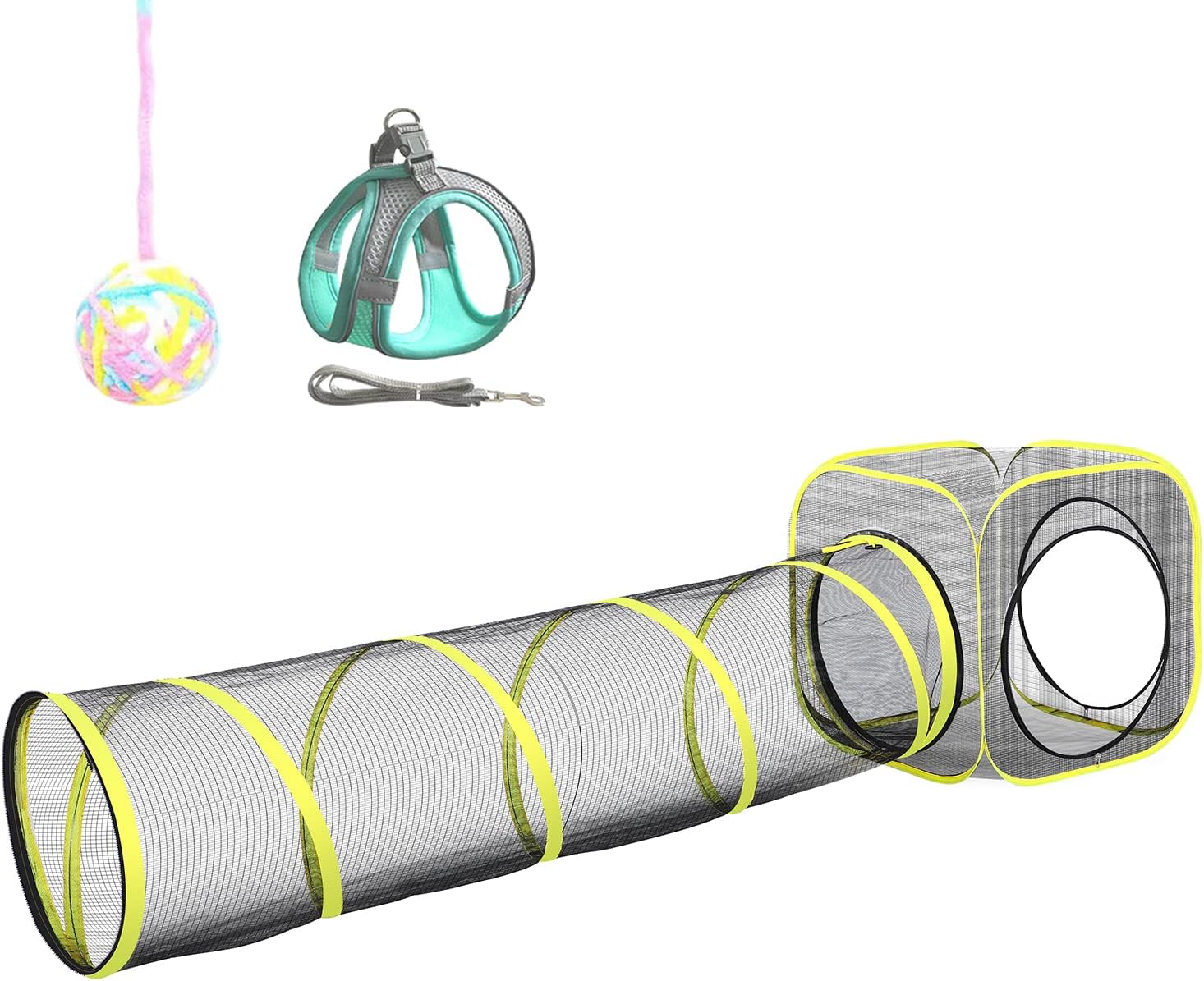Outdoor Cat Enclosure & Tunnel - Portable Mesh Tent, Cat Playhouse with Adjustable Harness & Leash, Colorful Tease Ball