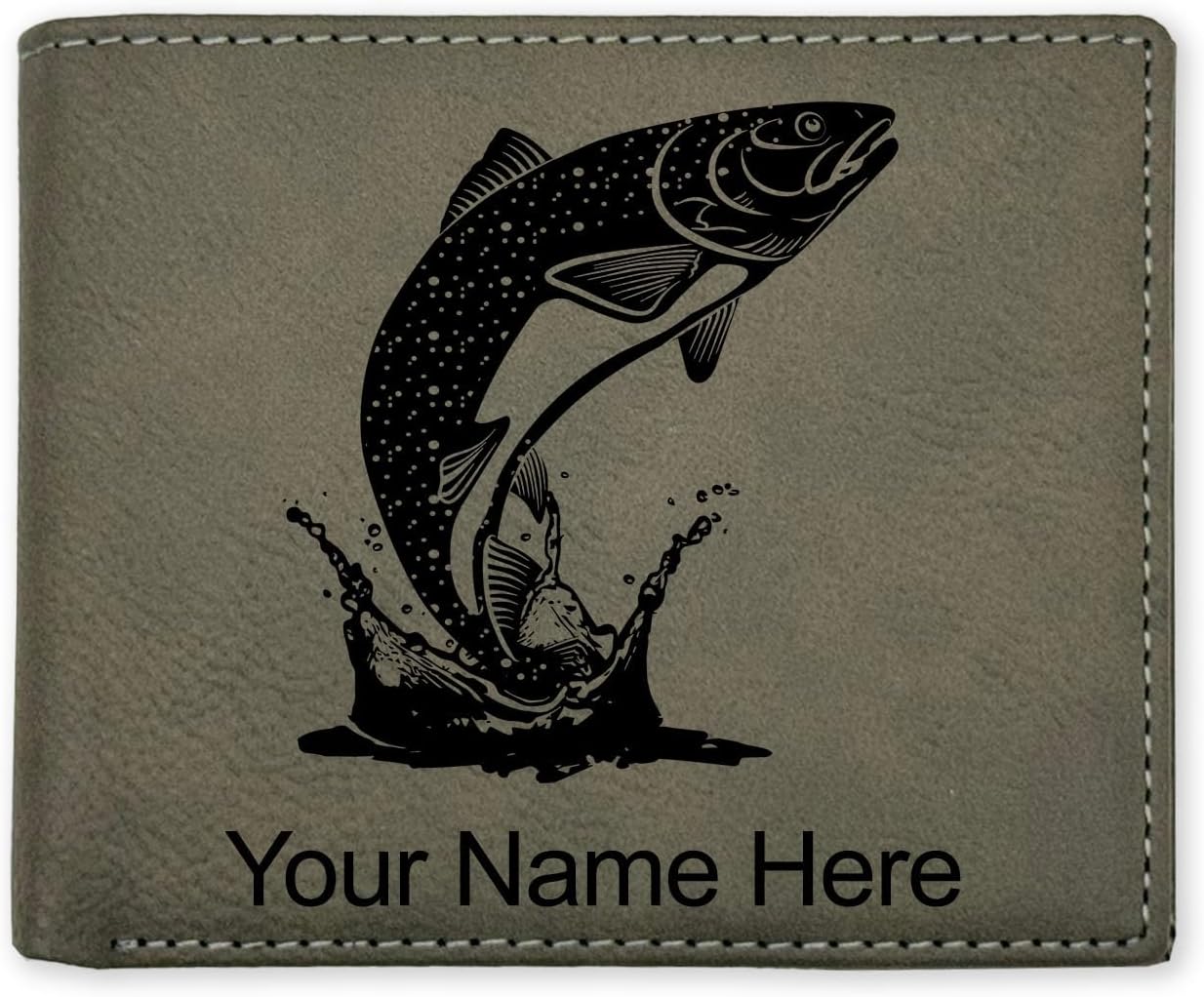LaserGram Faux Leather Bi-Fold Wallet, Trout Fish, Personalized Engraving Included (Camo Green)