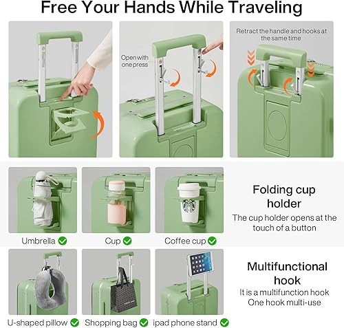 Miniatura 4 de mixi Equipaje de mano para PC, maleta con ruedas giratorias, bloqueo TSA con soporte para teléfono, puerto de carga USB, Verde aguacate