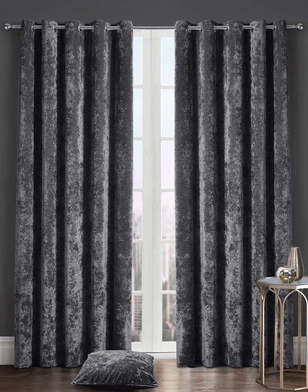 Lj Charcoal New Crushed Velvet Luxury Curtains Eyelet Top Fully Lined Thick Curtain Pairs (, 66" Wide X 54" Drop)