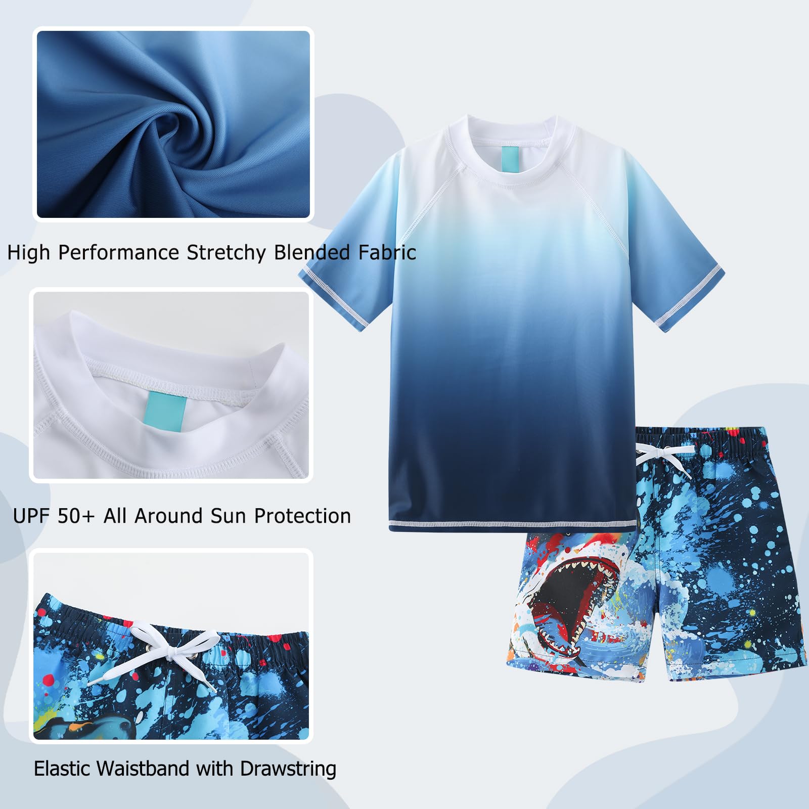 Maillot de Bain Garcon 2 pièces t Shirt Anti UV Enfant à Manches Courtes Haut de Bain UV Garcon Short de Bain Garcon Enfant pour Surf Natation Piscine Plage 4-16 Ans