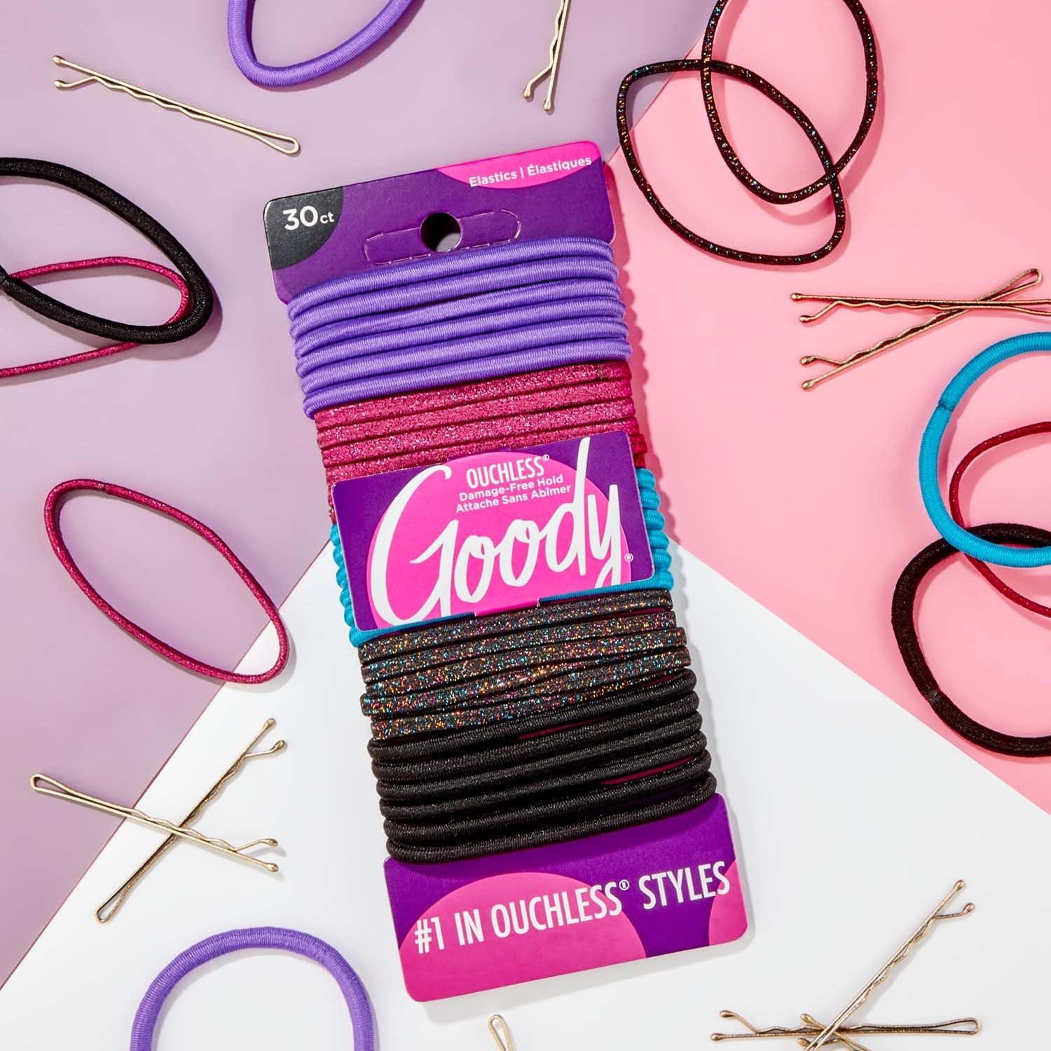 Goody Ouchless - Cintas elásticas para el cabello para mujer, 30 unidades, purpurina surtida/multicolor, 4 mm para cabello mediano, trenzas de larga duración, colas de caballo y más, accesorios para